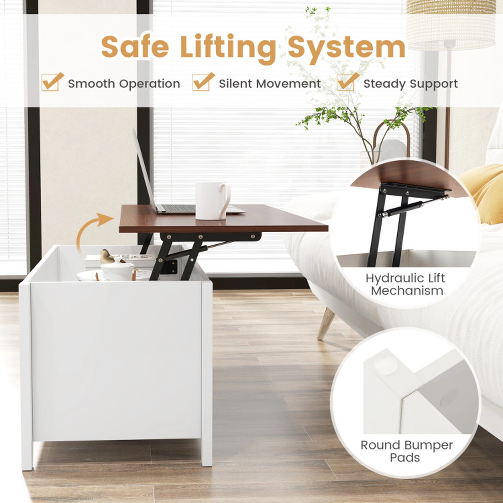 SUGIFT Lift Top Hidden Storage Compartment 3 Open Shelves Coffee Table 41-in x 19.5-in 19-in to 24.5-in Tall White
