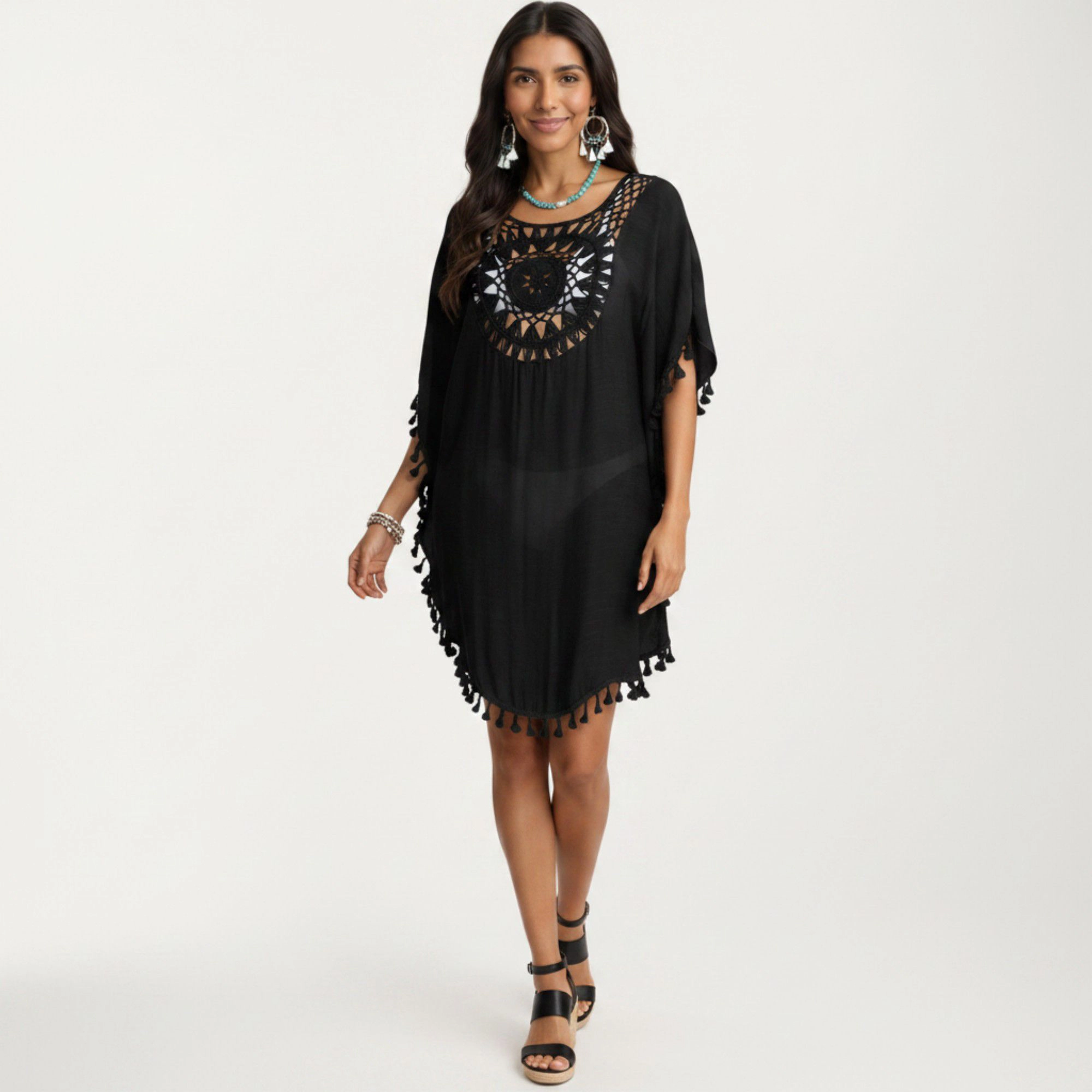 Anna-Kaci Women's Crochet Medallion Tassel Trim Relaxed Boho Silhouette Swim Cover Up Dress