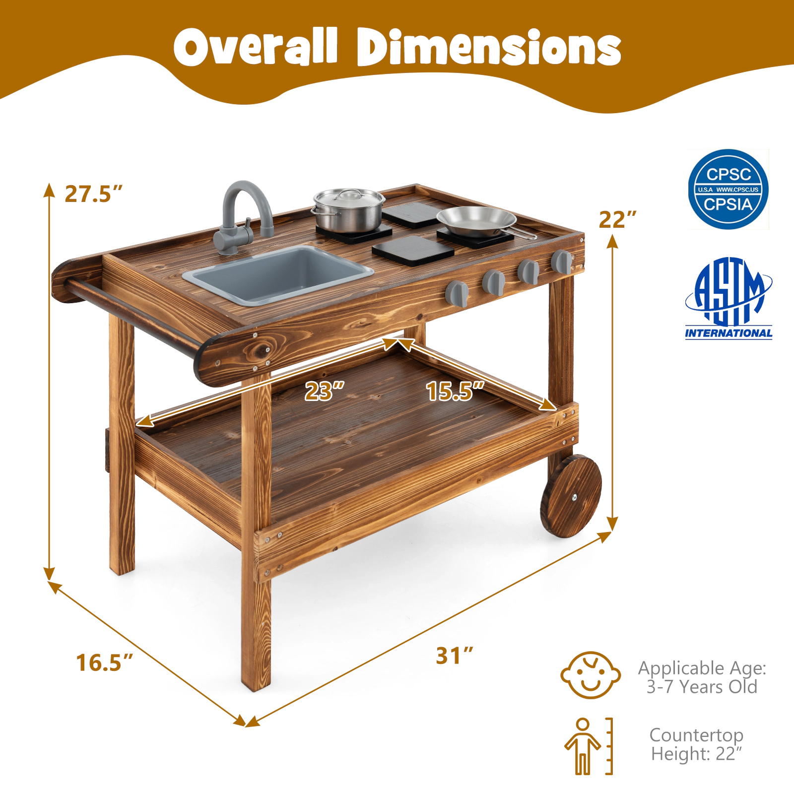 SUGIFT Movable Kids Wooden Mud Kitchen with Faucet Sink 4 Stoves 2 Rolling Wheels and Push Handle