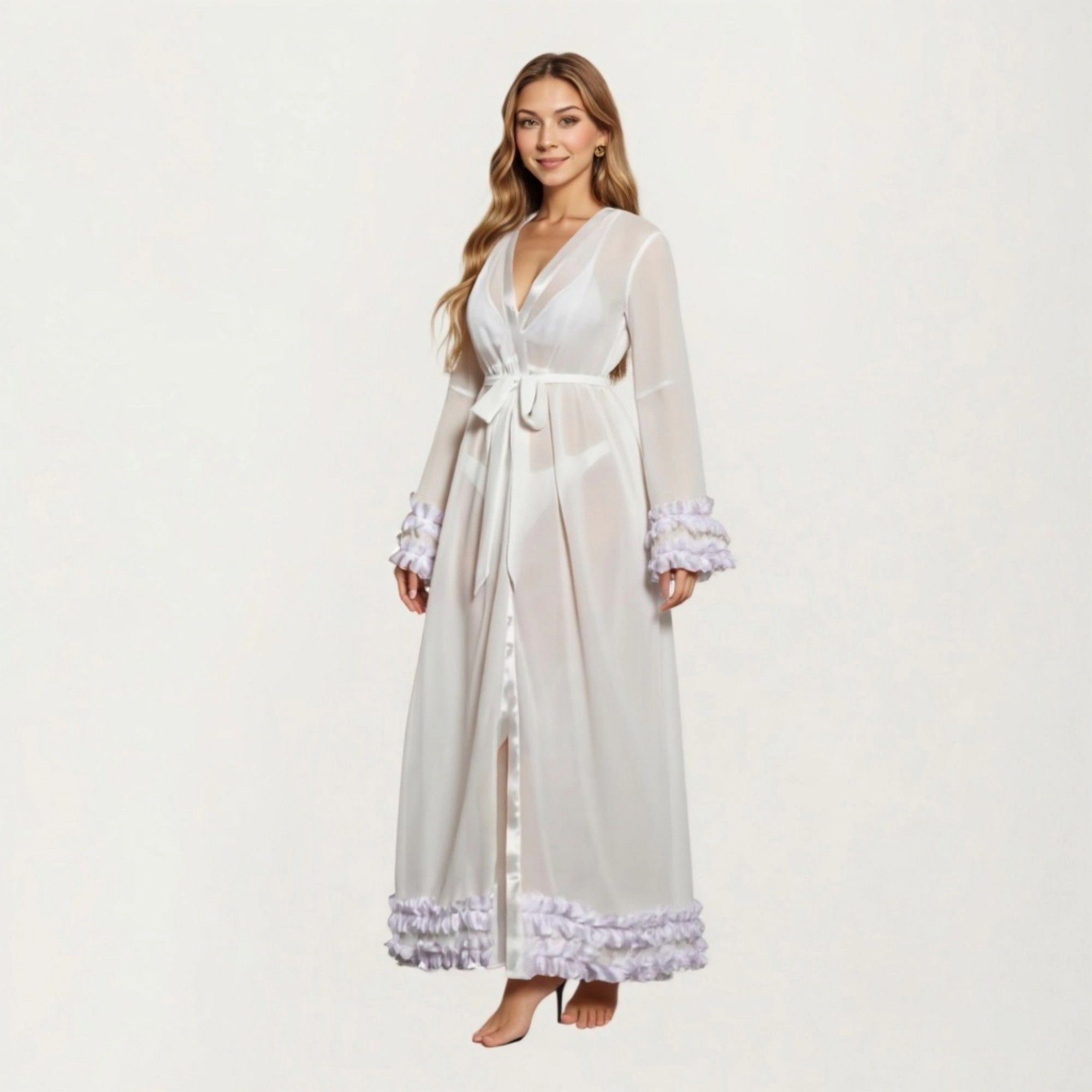 Anna-Kaci Women's Long Satin Robe with Sheer Bell Sleeves and Ruffle Trim Hem
