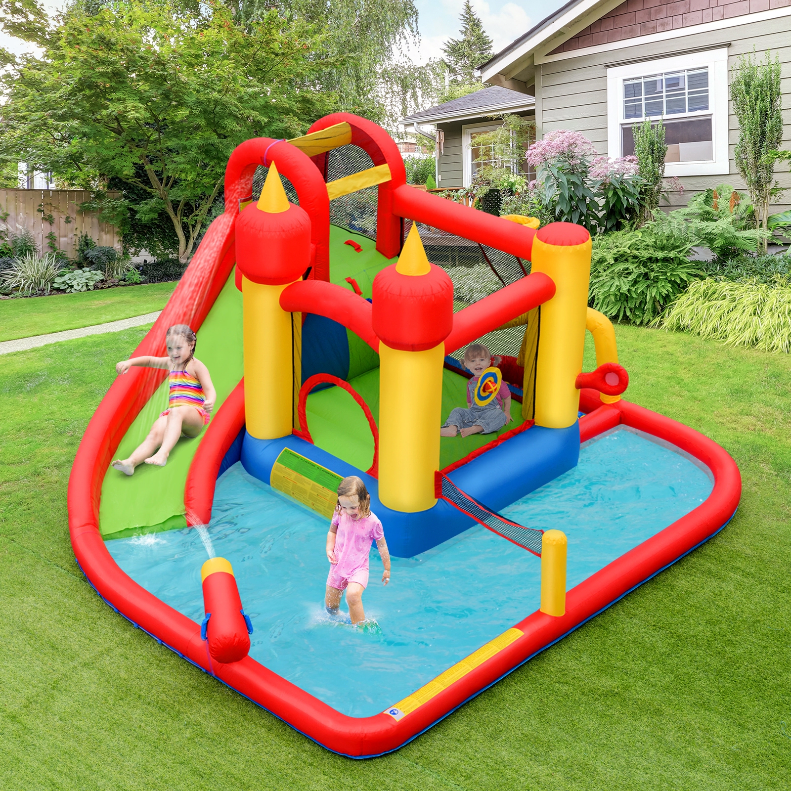 SUGIFT 300-lb Capacity Inflatable Water Slide Bounce House with Climbing Wall Splash Pool and 740W Blower