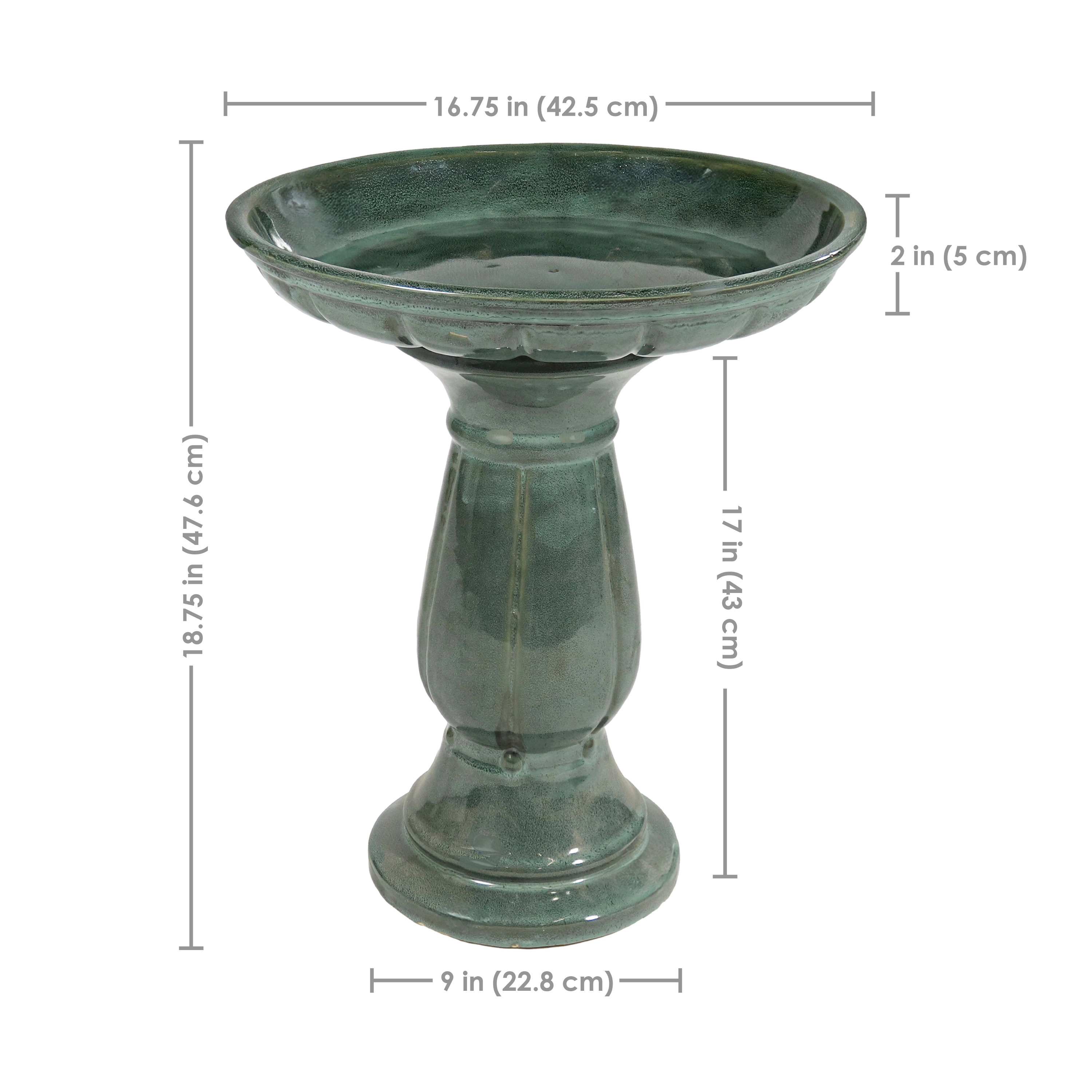 Sunnydaze Ceramic Bird Bath for Outdoors, 18” H, Green Mist