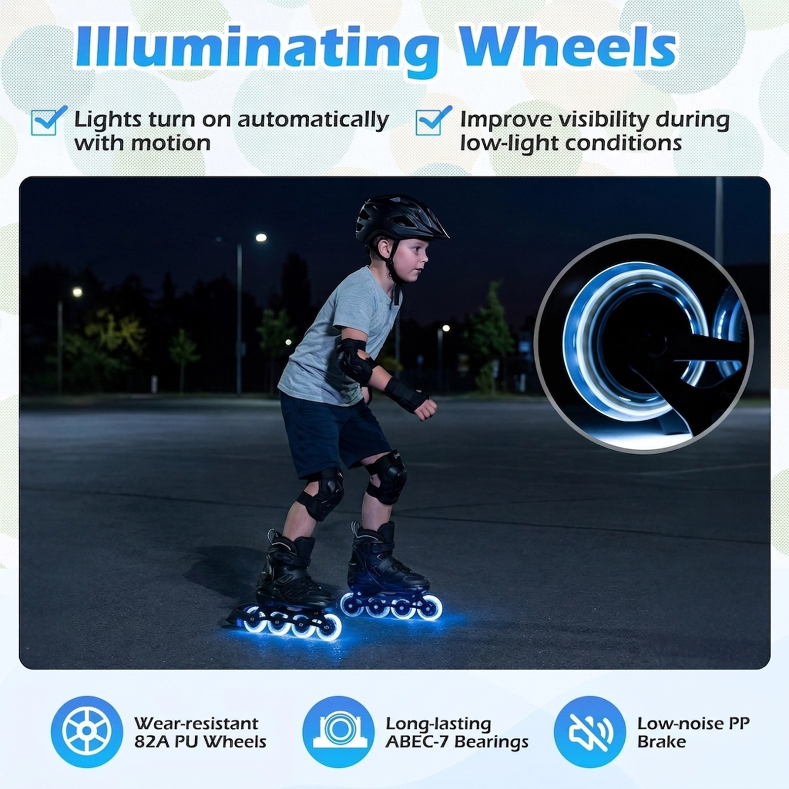 SUGIFT 4-Size Adjustable Kids Inline Skates with Light-up Wheels Ages 7-9 White & Black / Black & Blue / Purple & Black