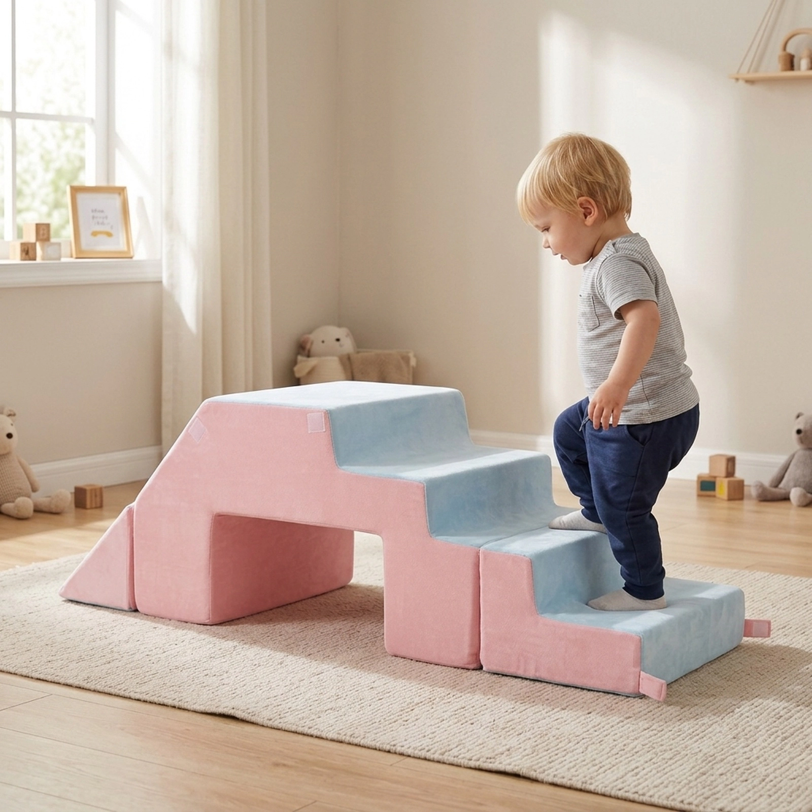 4-in-1 Foam Climbing Blocks Toddlers Crystal Velvet Indoor Climb Crawl Slide Sit Set Foldable Soft Play Toys Pink