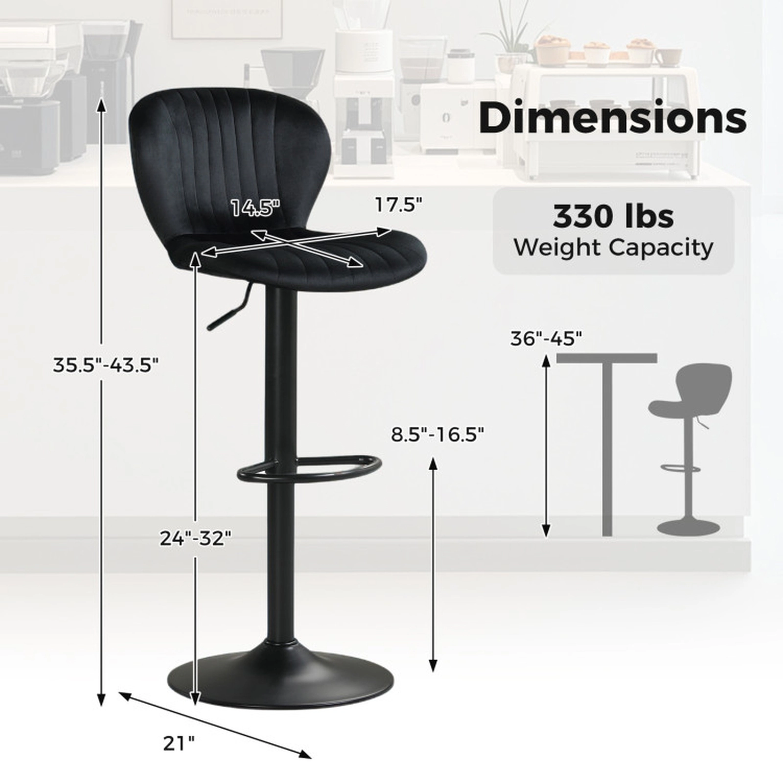 SUGIFT Adjustable Swivel Counter Height Bar Stools Set of 4 with Velvet Upholstered Backrests 330-lb Capacity Black
