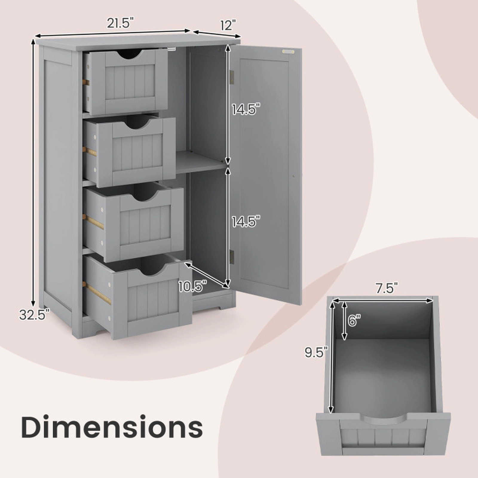 SUGIFT Gray 143-lb Capacity 4-Drawer Freestanding Wood Storage Cabinet with Side Door and Anti-Tip Kits