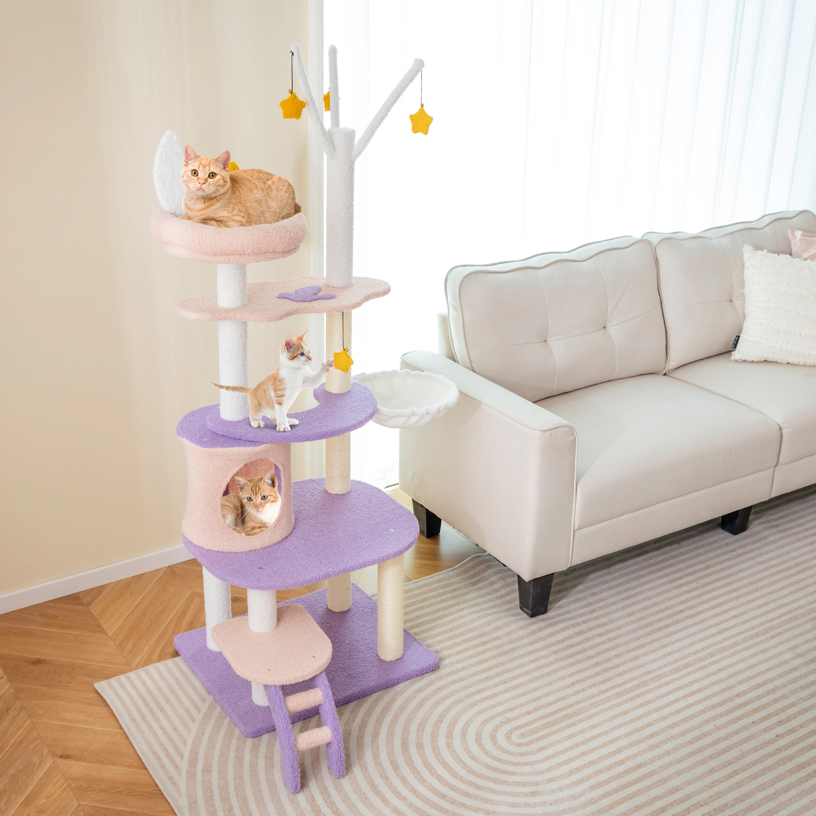 SUGIFT Multi-level Cat Tree Tower Sisal Covered Scratching Posts 33-lb Each Layer & 22-lb Hammock Capacity Purplish Pink