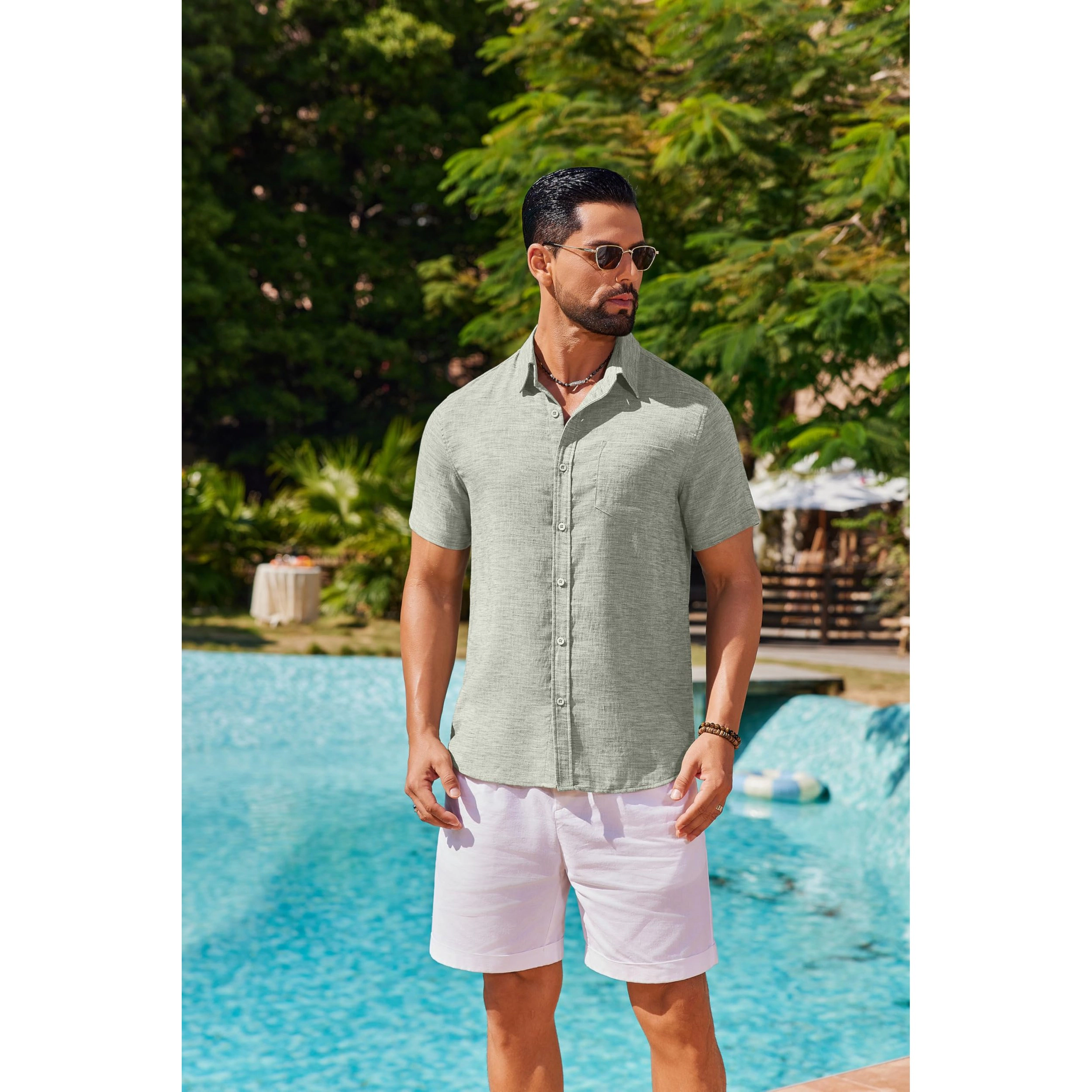 COOFANDY Men's Regular Fit Lightweight Linen Blend Short Sleeve Button Down Camp Shirt