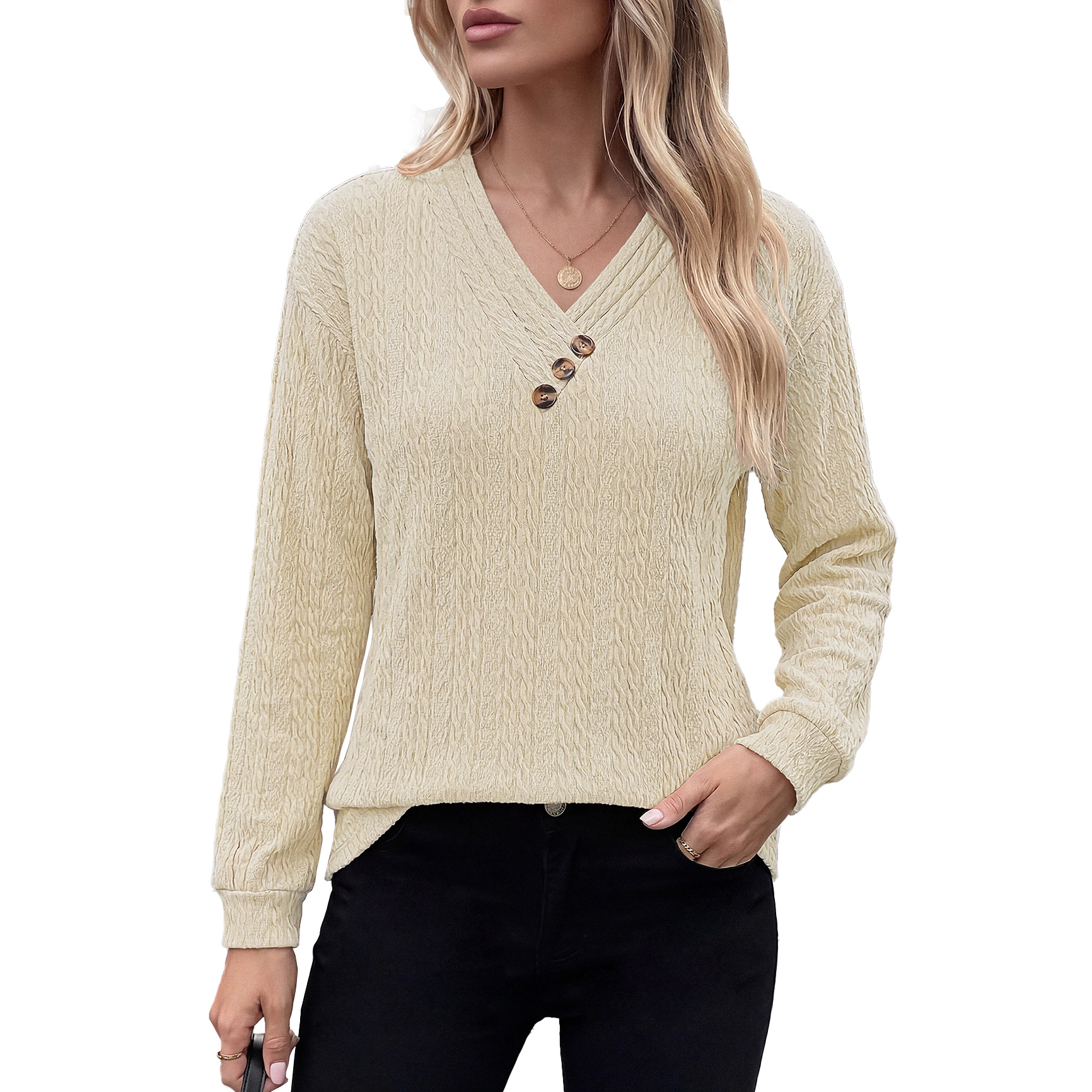 Enchanted Funland Women's Diagonal‑Button V‑Neck Long Sleeve Crinkle Textured Blouse