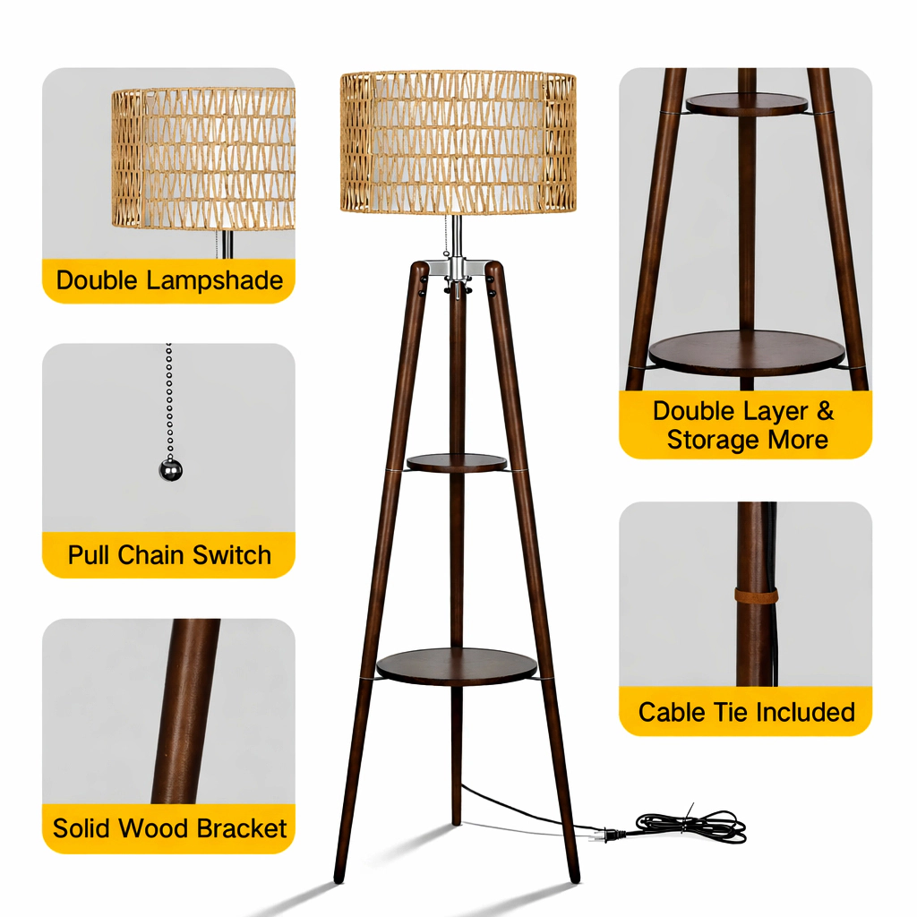 Mega Casa 61'' Tall Tripod Floor Lamp with 2-Tier Shelves, Standing Light with Rattan Shade, Corner Shelf Lamp