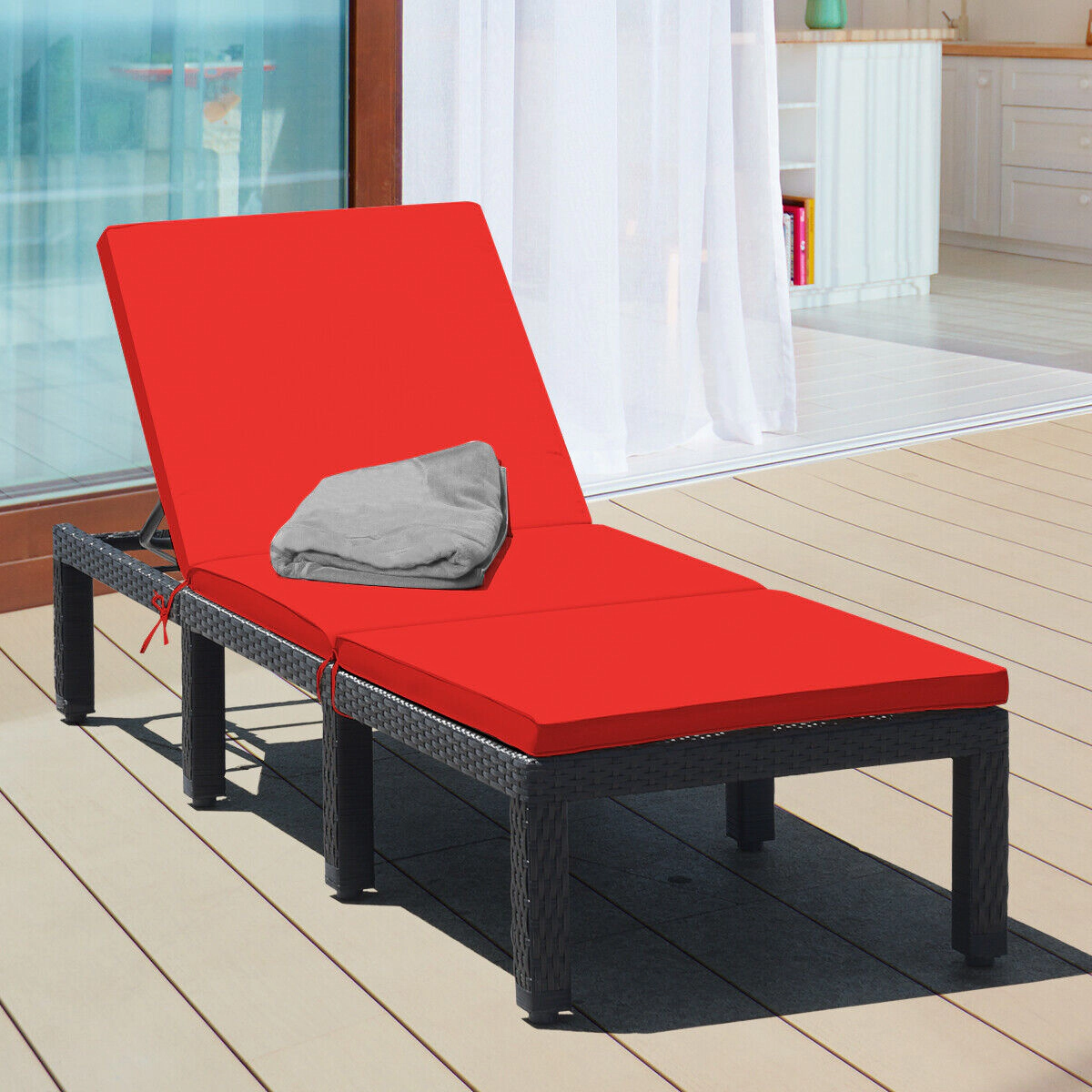 SUGIFT Patio Rattan Cushioned Height Adjustable Lounge Chair 355-Lb Capacity 77-in Long PE Rattan 2-in Cushion Red & Off