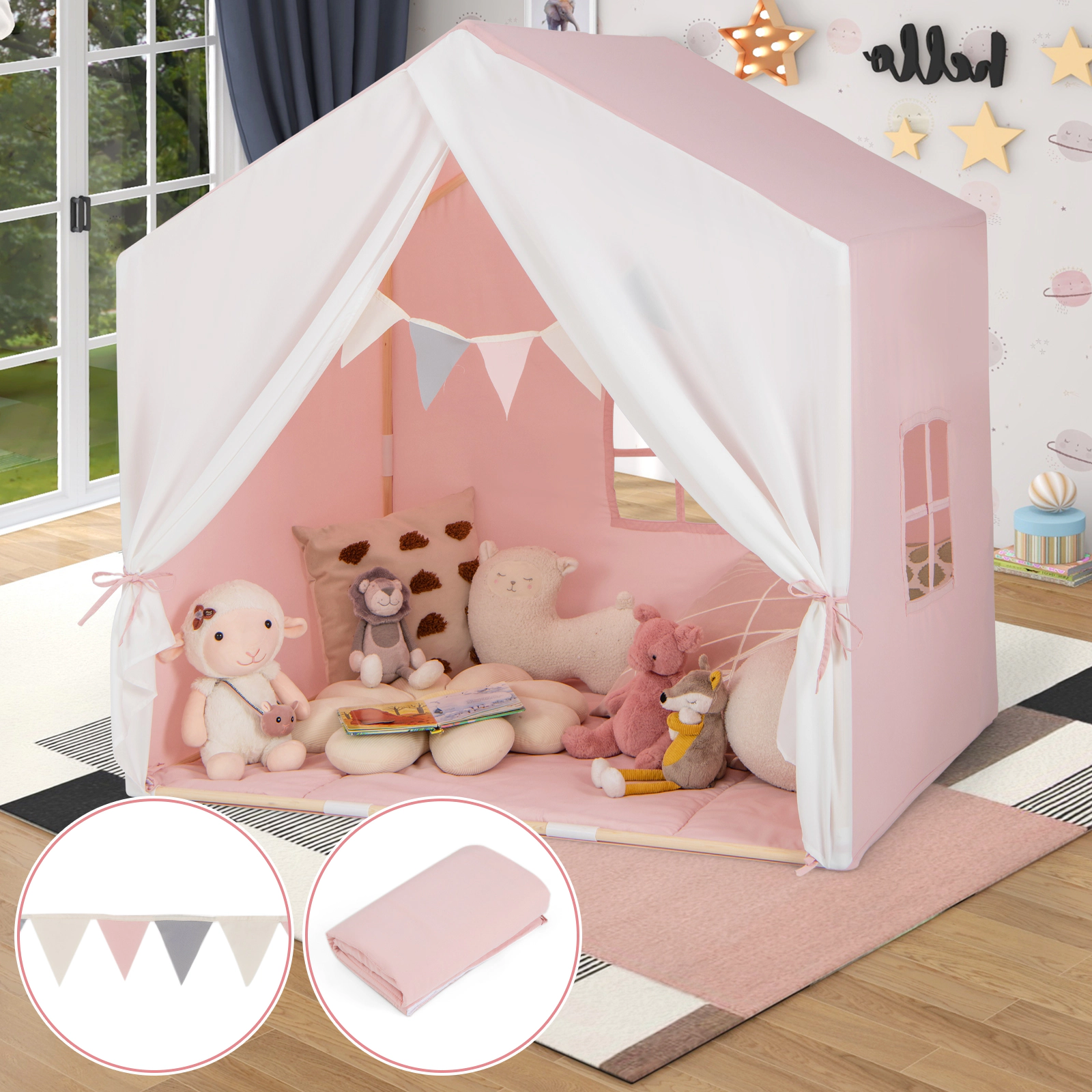 SUGIFT Kid's Play Tent with Washable Cotton Mat and Flag Banner 52-in Long Ages 3+ Pink Orange Bed Tent