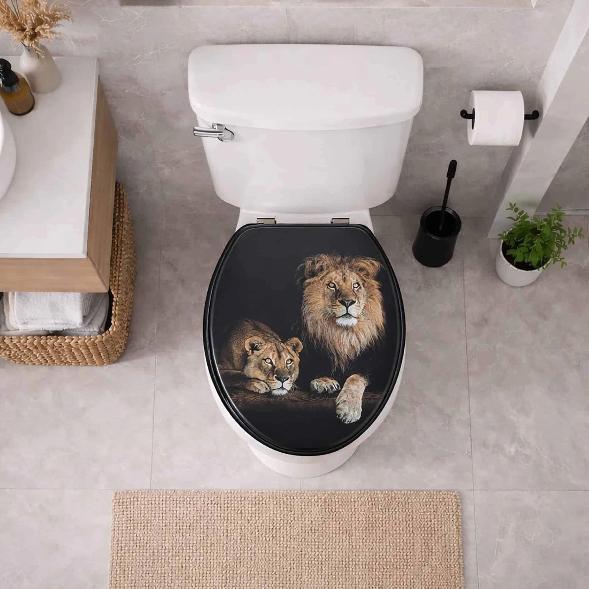 Evideco French Home Goods Elongated Lion and Lioness Printed Molded Wood Toilet Seat