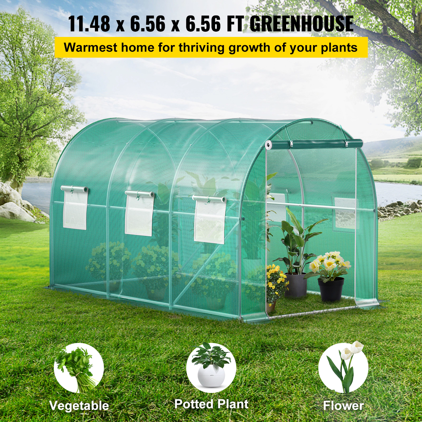 HONGGE Walk-in Tunnel Greenhouse Portable Plant Hot House with Galvanized Steel Hoops 1 Top Beam Diagonal Poles