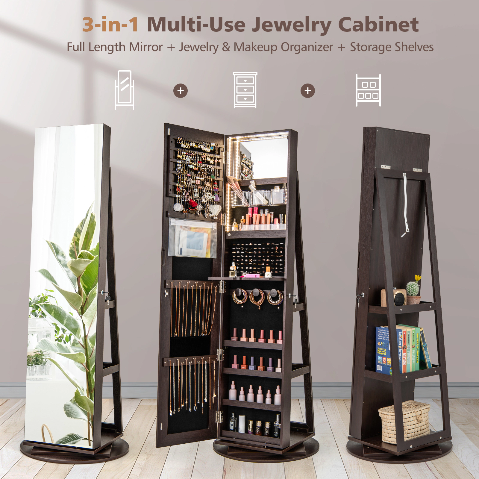 SUGIFT 360 Degree Rotating Jewelry Armoire Lockable Cabinet with LED Lights and Mirror