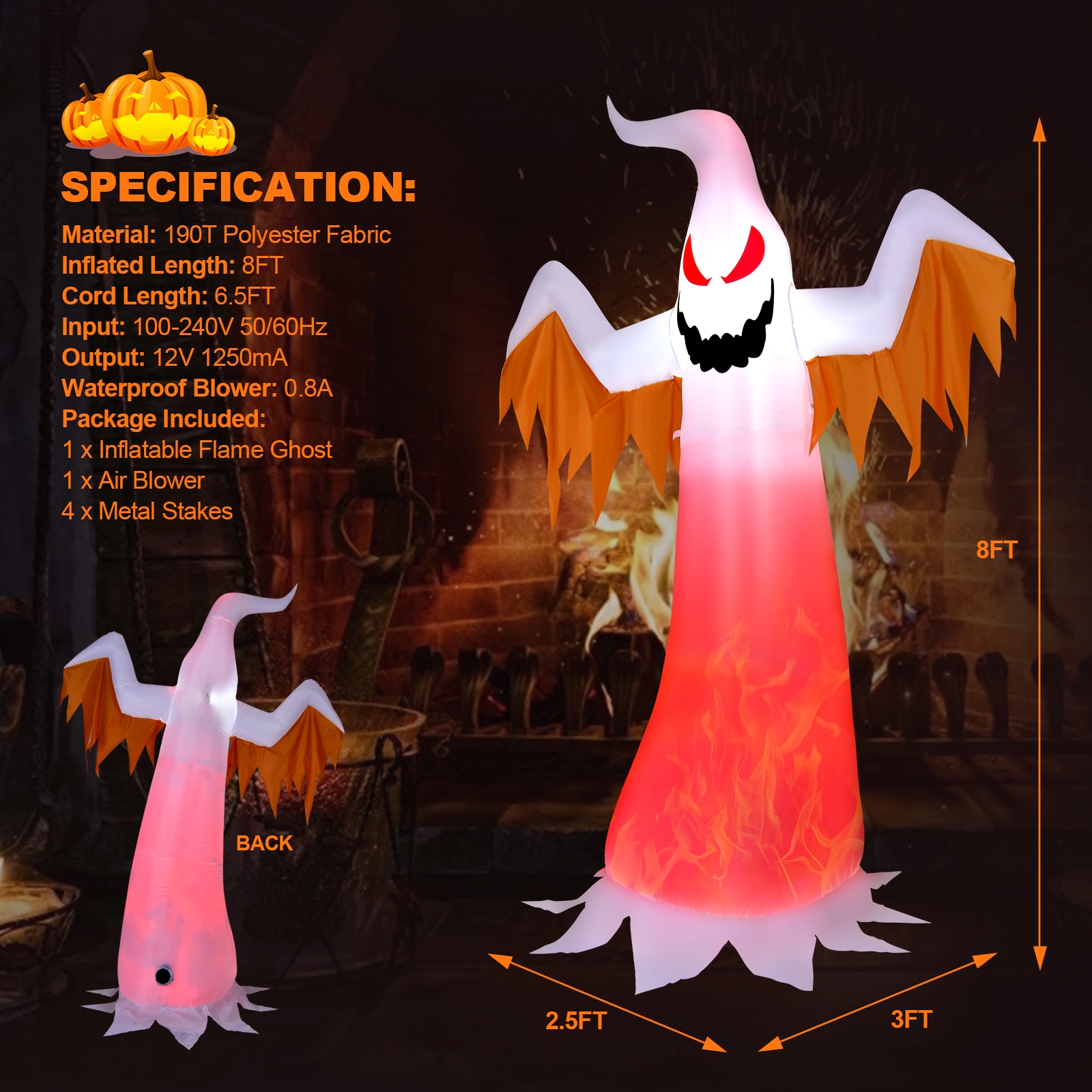LJG 8 Feet Halloween Inflatable Ghost with Rotatable Flame LED Lights
