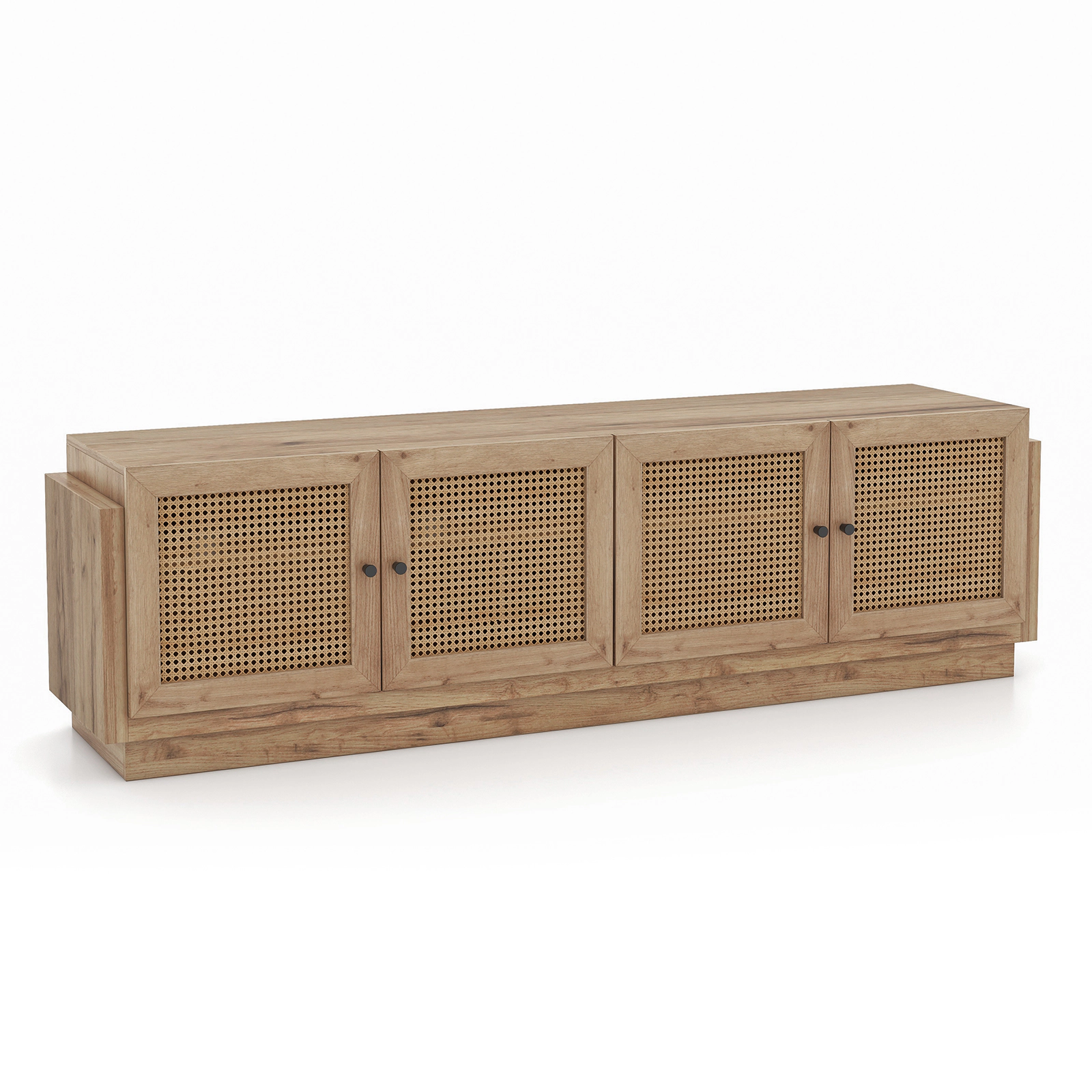SUGIFT Farmhouse TV Stand with PE Rattan Doors for TVs up to 75 Inches 220-lb Tabletop Capacity Oak