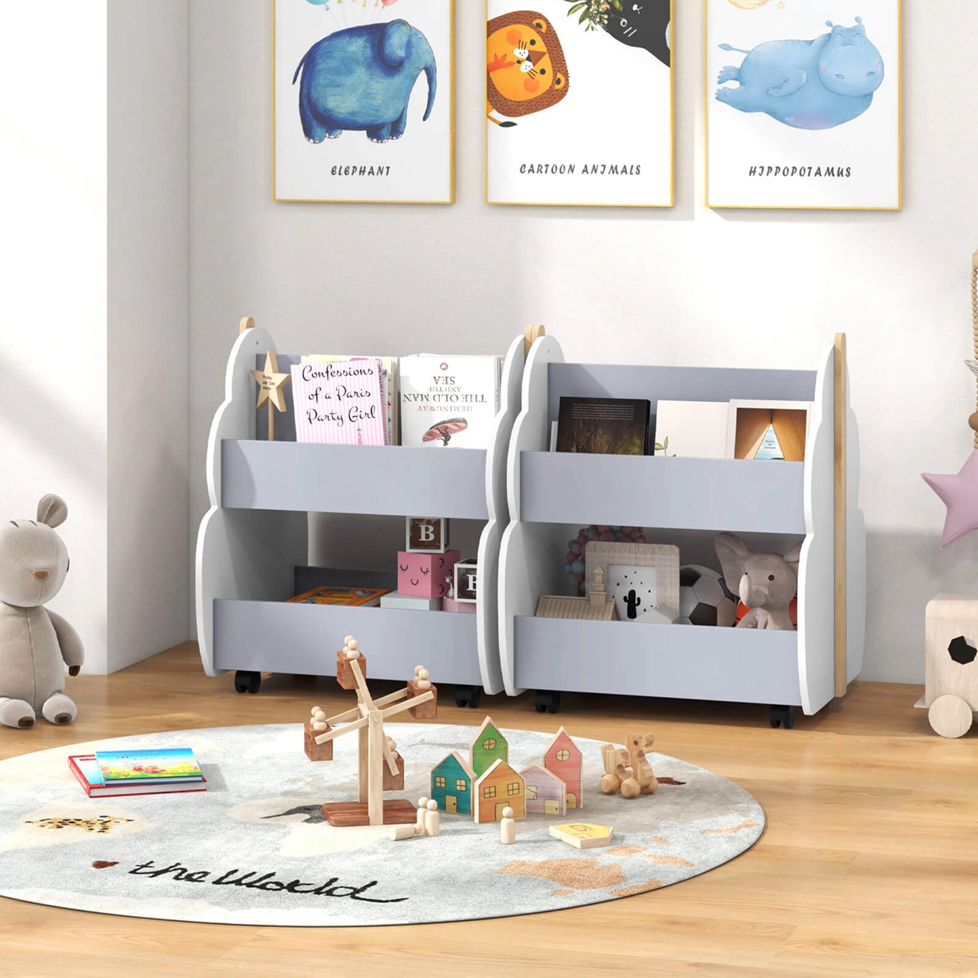 Costway Kids Wooden Bookshelf with Wheels 2-Tier Toy Storage Shelf Double-sided Bookcase Grey
