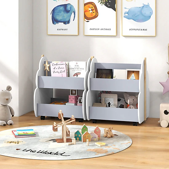 Costway Kids Wooden Bookshelf with Wheels 2-Tier Toy Storage Shelf Double-sided Bookcase Grey