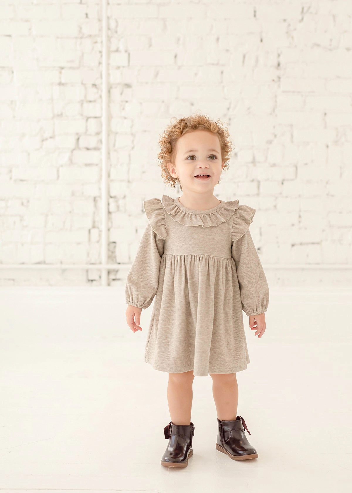 Mabel and Honey Cinnamon Oatmeal Ribbed Knit Dress for Girls - Ruffle Collar, Keyhole Back