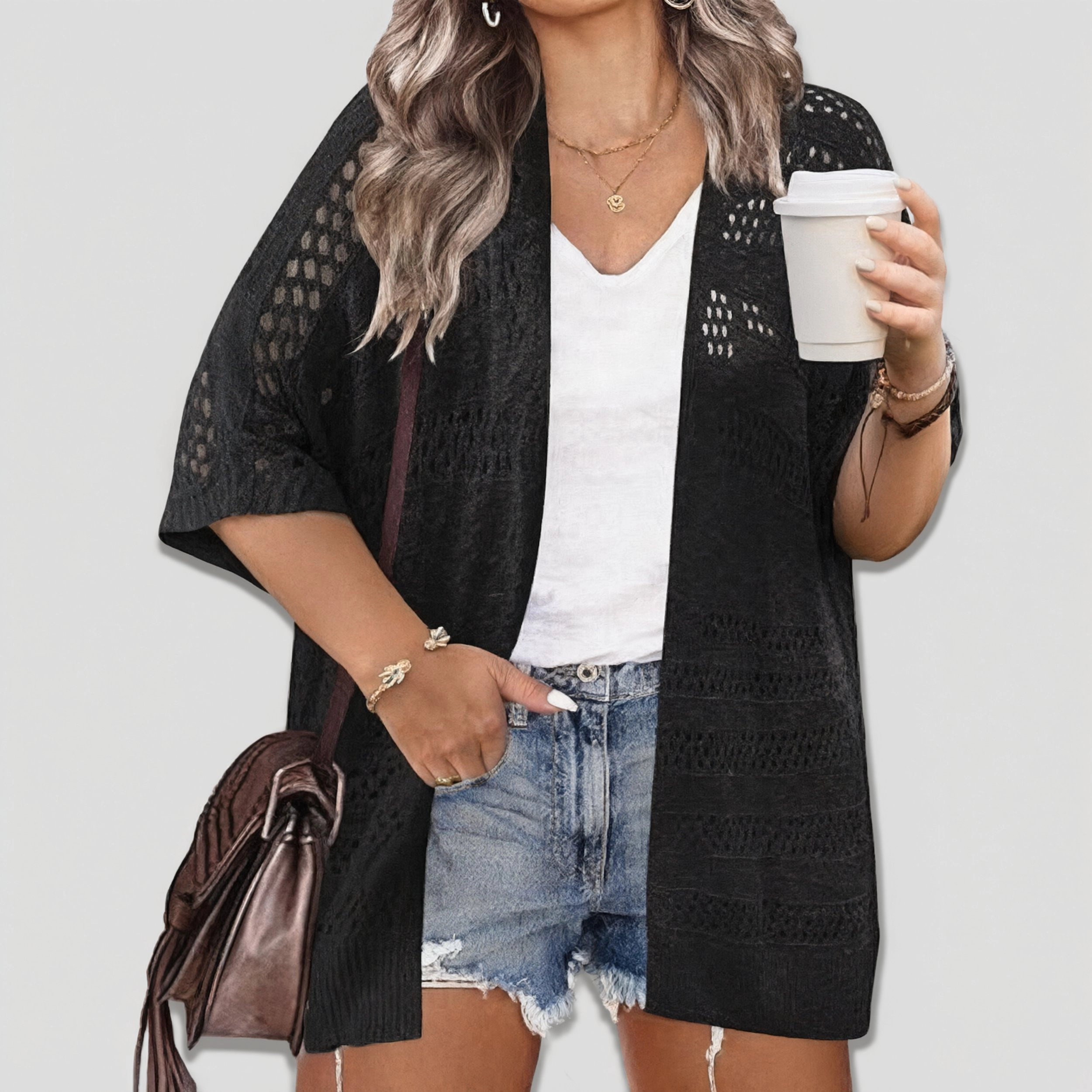 Zeagoo Women's Short Sleeve Crochet Open Front Knitted Kimono