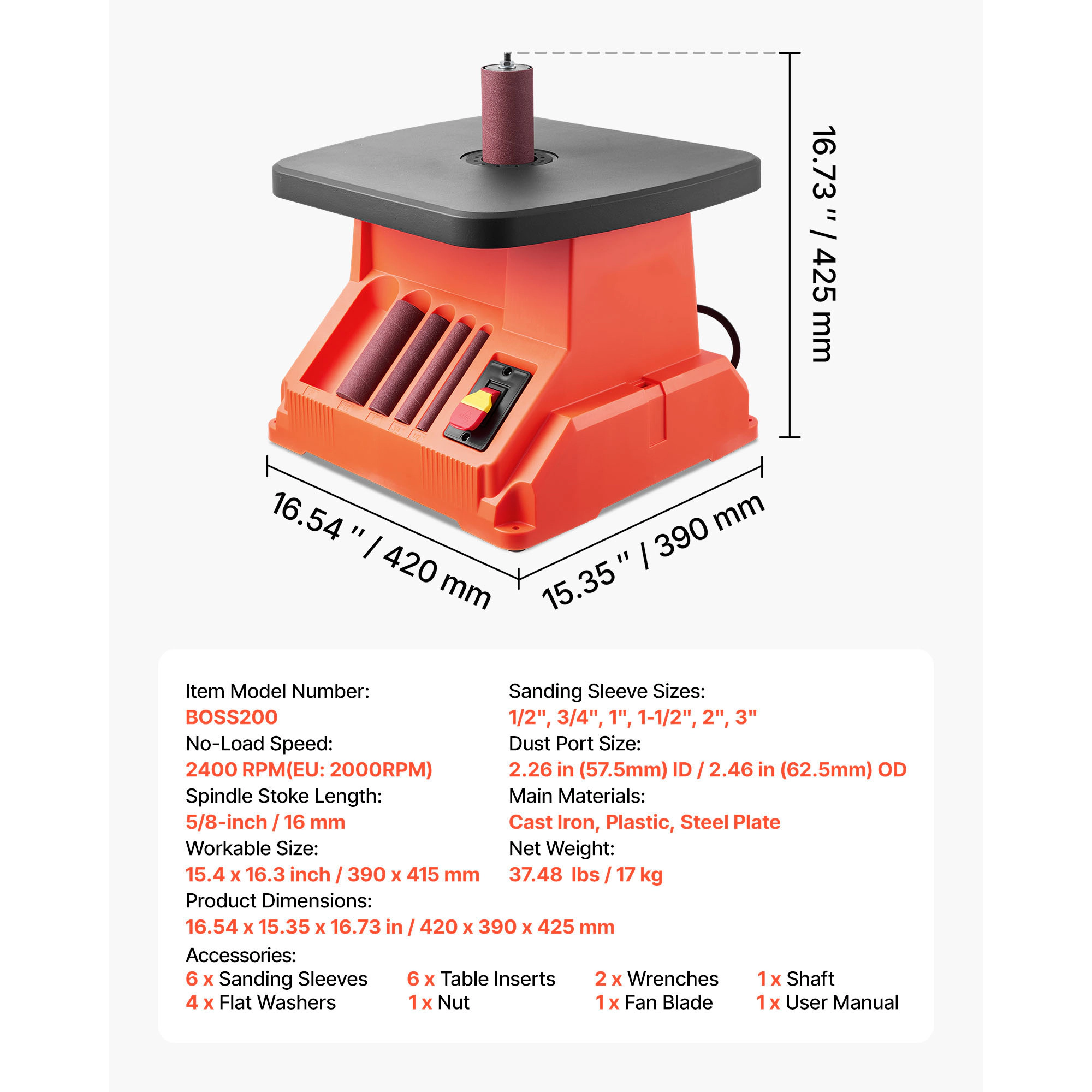 HONGGE Oscillating Spindle Sander Benchtop Spindle Sander with Stroke Sleeves 1/2" - Sanding for Woodworking Furniture