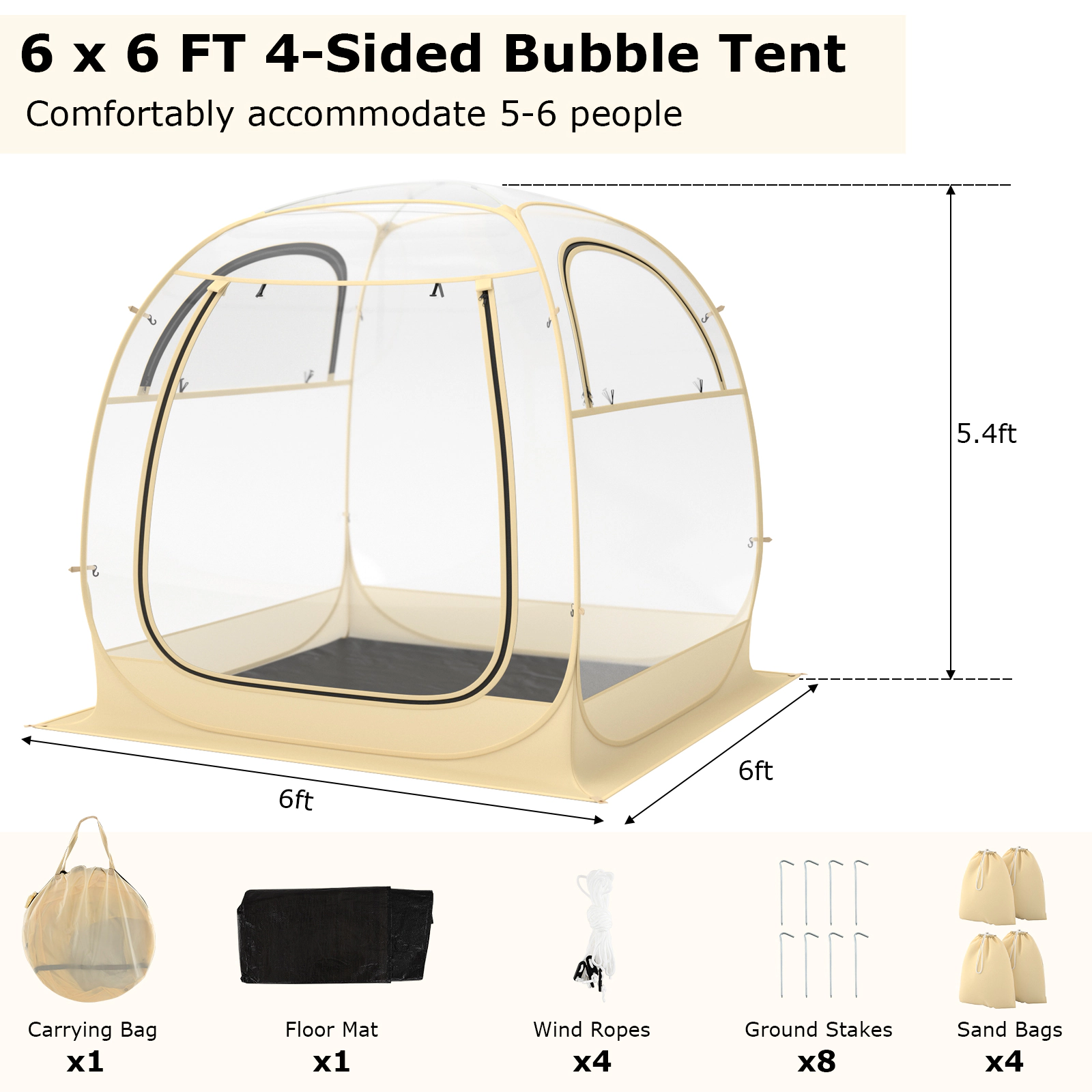 SUGIFT Clear Instant Pop Up Bubble Sports Tent with Floor Mat and Carry Bag for 5-6 People 6-ft W 6-ft D 5.4-ft H