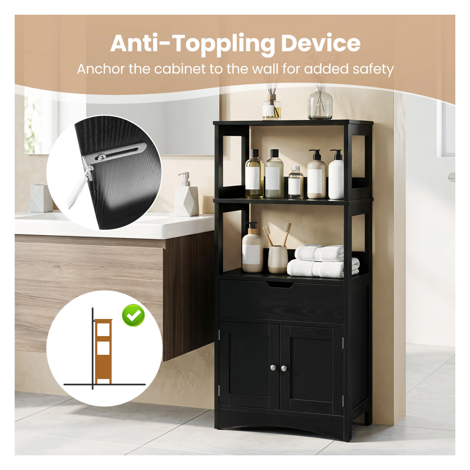 Glintex 48-Inch Bathroom Cabinet with Anti-Fall Baffles Drawer and 2 Doors
