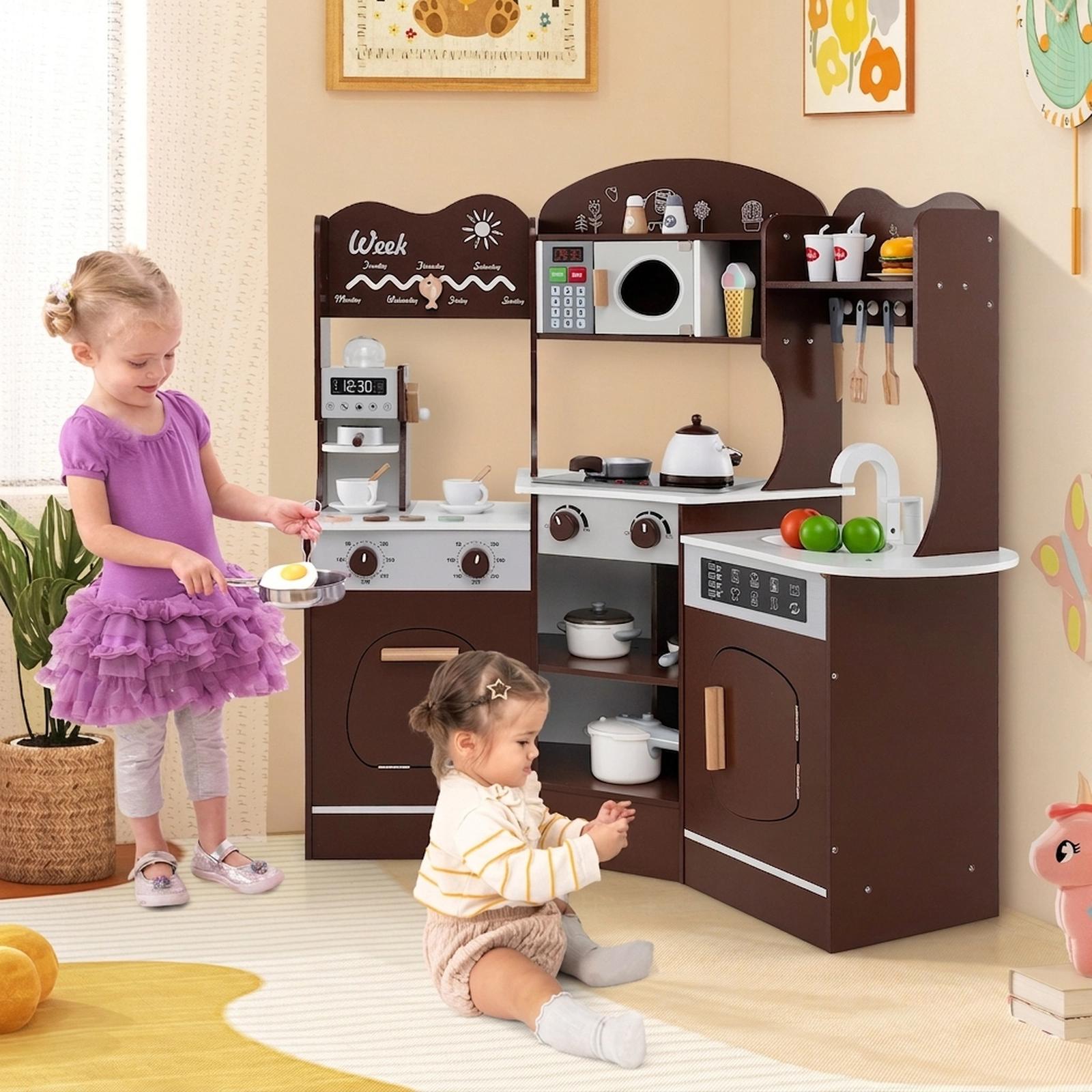 Corner Wooden Play Kitchen Toy Coffee Machine Slide Light Up Microwave Washing Machine 41-in x 12-in x 37-in Brown