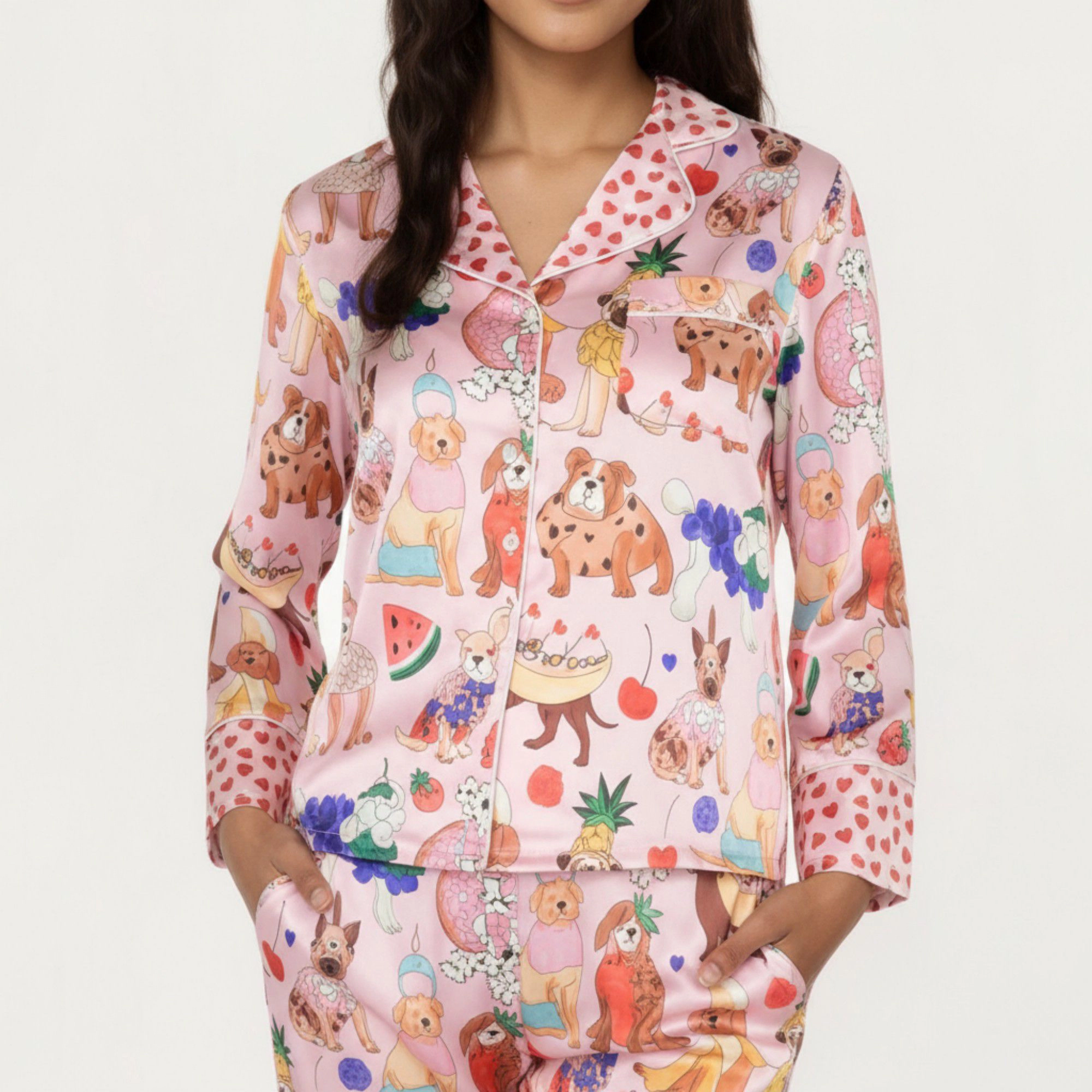 Anna-Kaci Women's 2-Piece Button Front Pajama Set with Playful Dog Print and Soft Silky Fabric for Relaxed Comfort