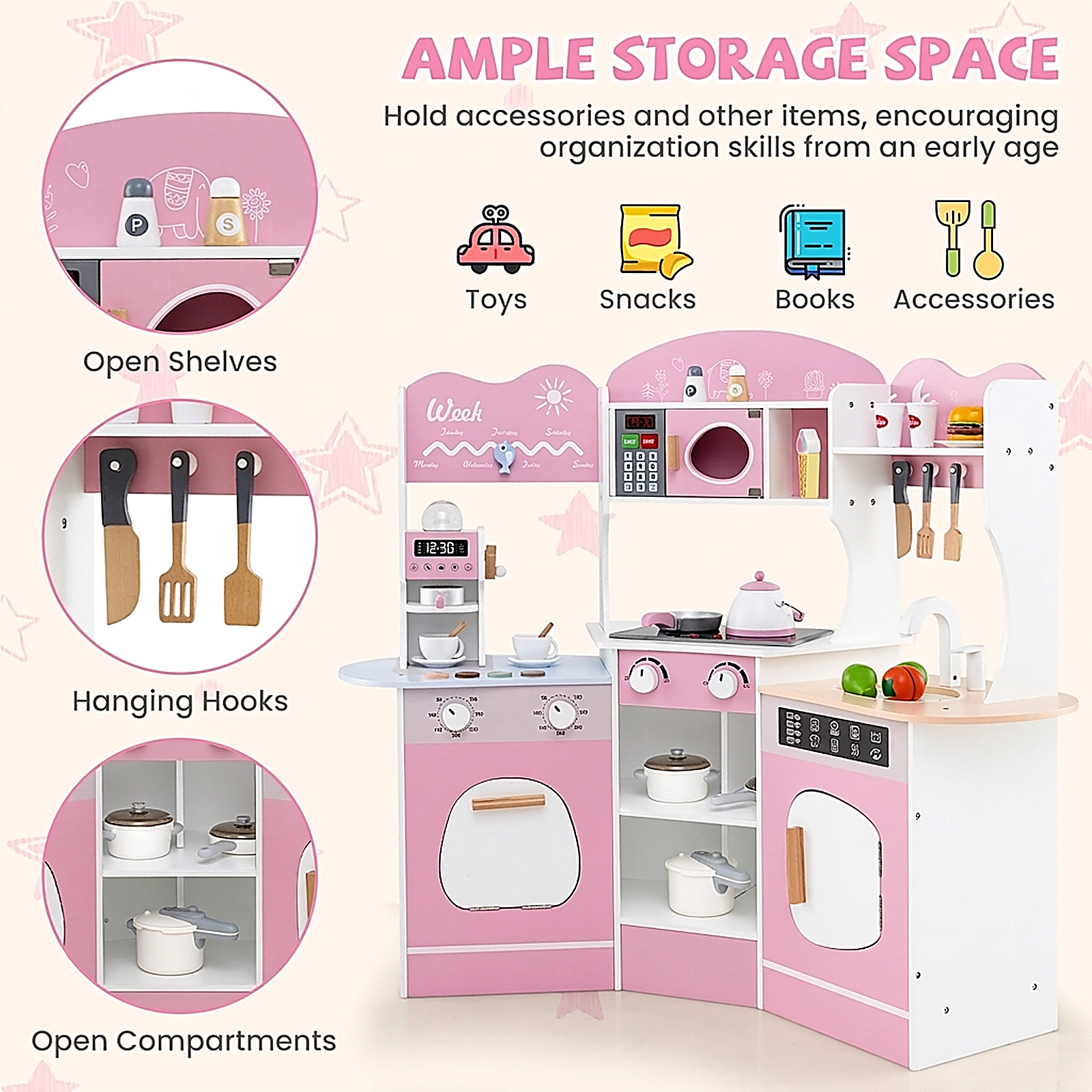 SUGIFT Machine Slide and 18 Accessories Corner Wooden Kids Play Kitchen