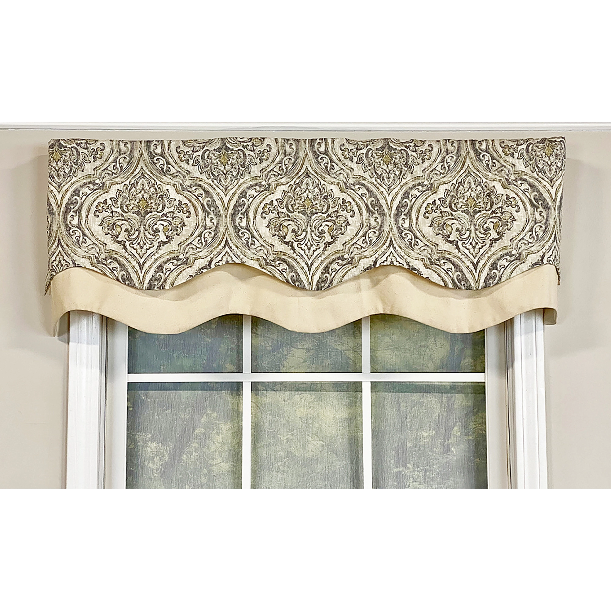 RLF Home Diamond Damask Glory Valance Pebble. 3" Rod Pocket, Layered. 50"W X 16"L