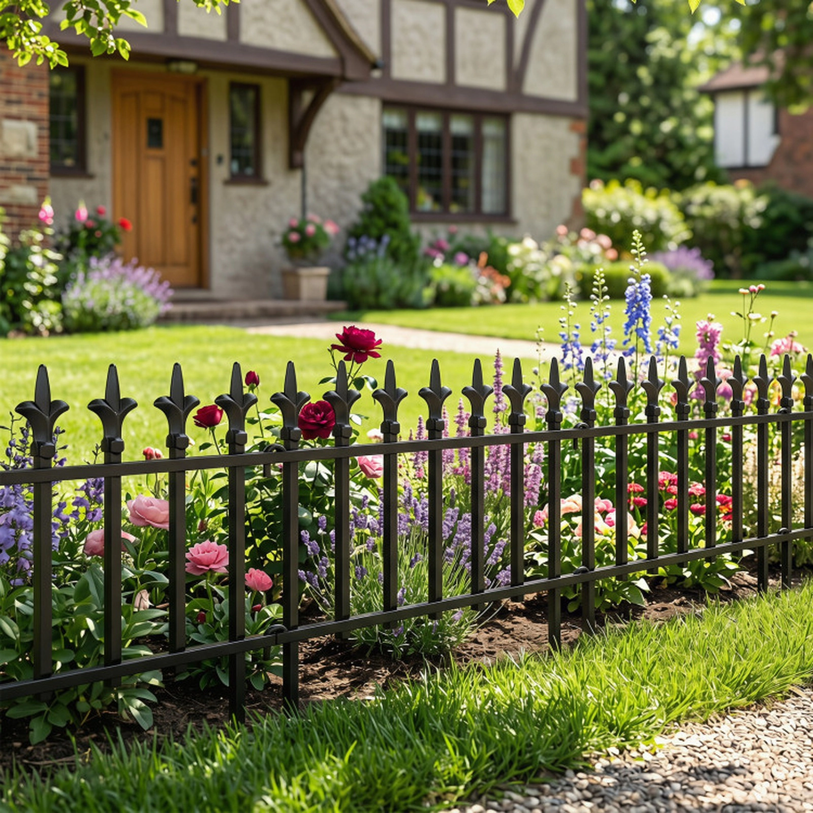 SUGIFT 10-Pack Black Metal No Dig Garden Border Fence with Decorative Finials 22-in W 17-in H 18-ft Total