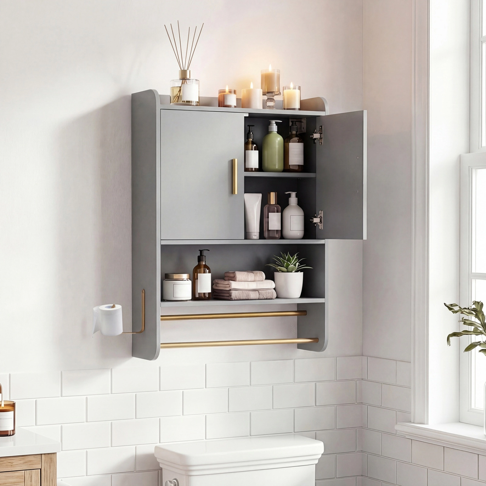 SUGIFT 2-Door Double Towel Bars 3-Height Shelf Bathroom Medicine Cabinet 21.5-in x 8-in x 31.5-in 22-lb per Tier Gray
