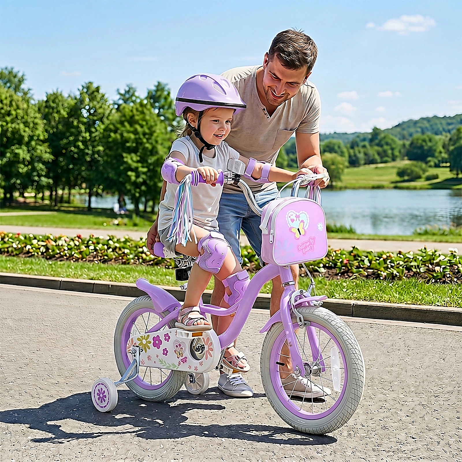 SUGIFT Purple Training Wheels Front Bag and Streamers Girls Bike