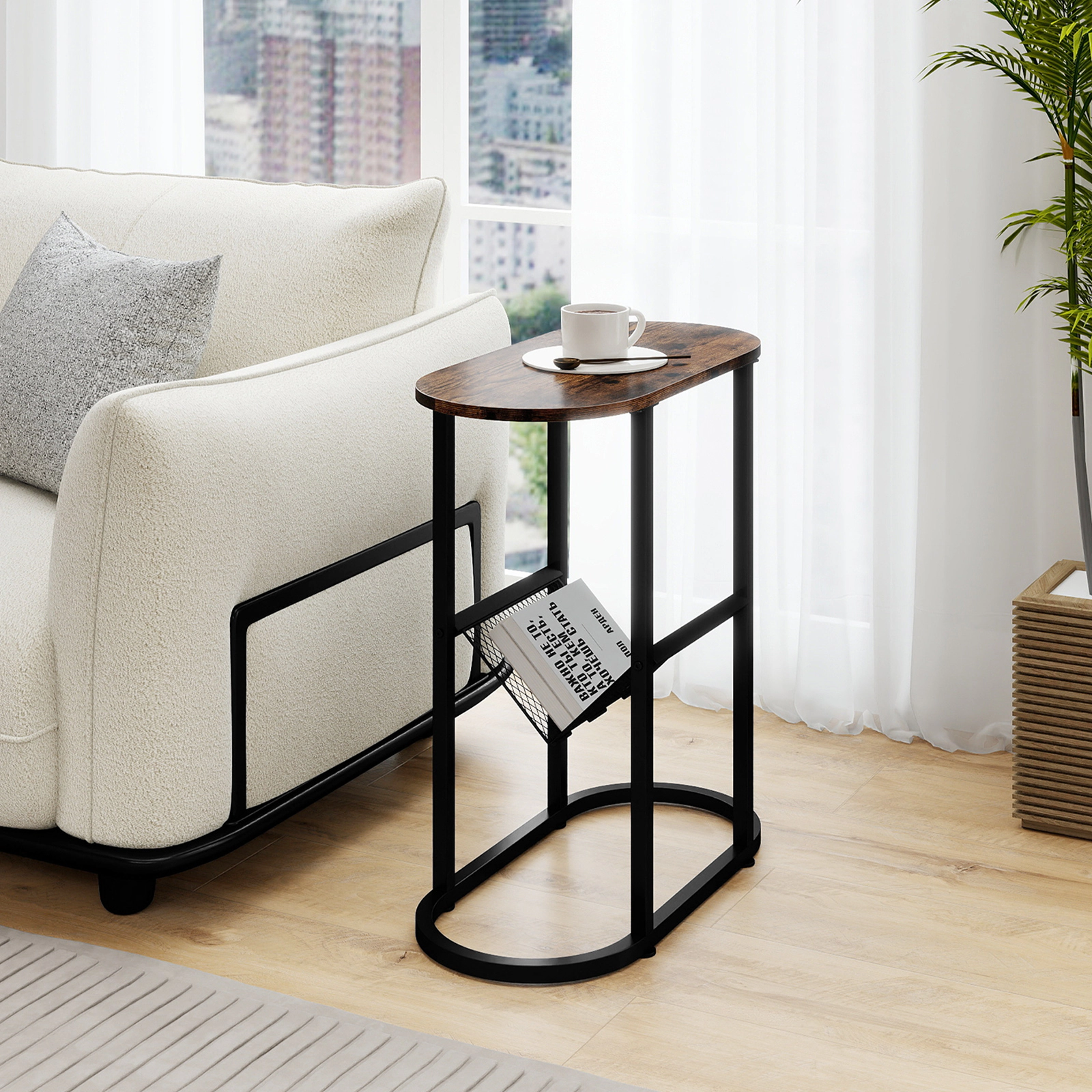Glintex Narrow Oval End Table with Mesh Lower Shelf and Steel Frame, Rustic Brown