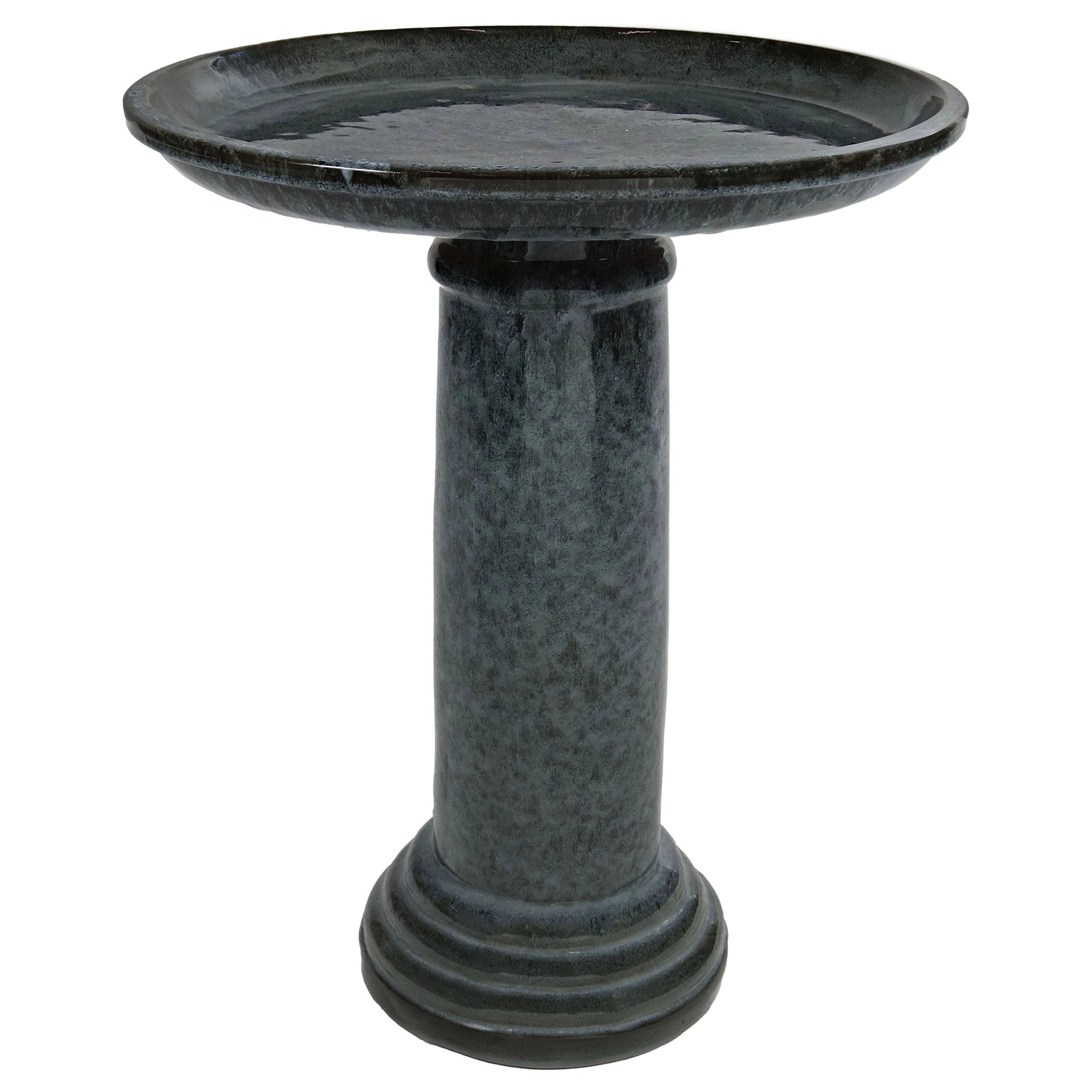 Sunnydaze Toulon Outdoor Ceramic Birdbath, 24.5” H, Black Mist Glaze