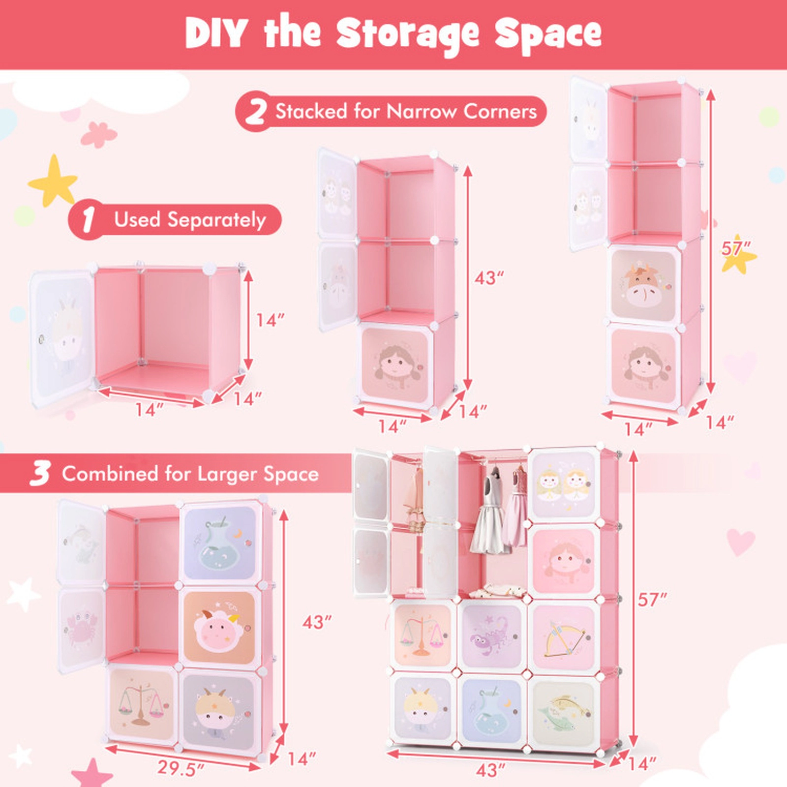 SUGIFT Kids 12-Cube Printed Doors Hanging Section Modular Wardrobe Closet 43-in x 14-in x 57-in 22-lb per Cube Pink