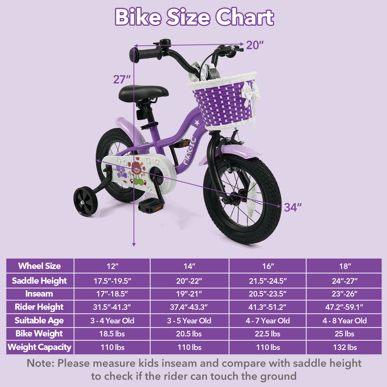 12-in Kids Bike Ages 3-4 Purple Toddler Bicycle Hand Brake Coaster Brake Mudguards 110-lb Capacity