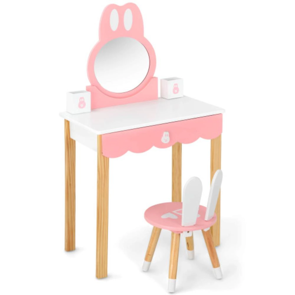 Hivvago Kids Vanity Set Rabbit Makeup Dressing Table Chair Set With Mirror And Drawer