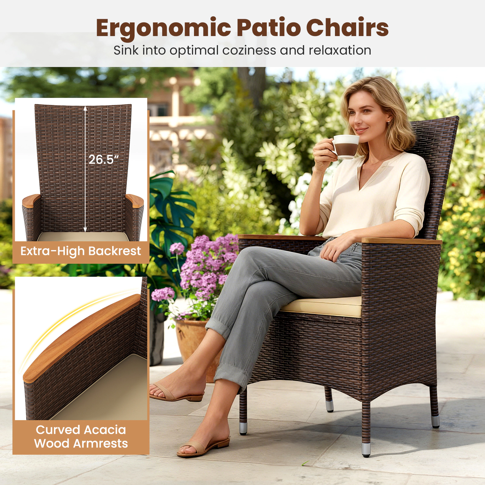 SUGIFT Handwoven PE Rattan Outdoor Wicker Dining Chairs Set of 4 High 42.5-in Backrest 400-lb Capacity Beige Cushions