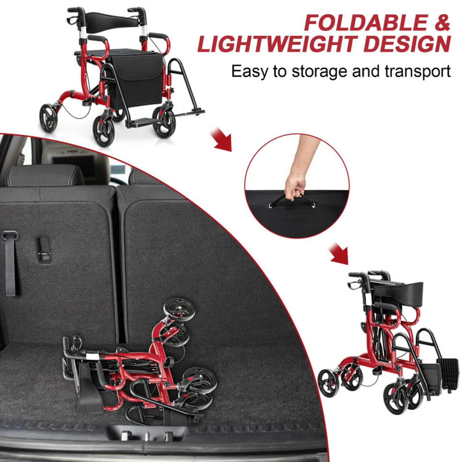 SUGIFT Red Folding Rollator Walker with Padded Seat and 8-in Wheels 41-in W 25-in D 39-in H 350-lb Seat Capacity
