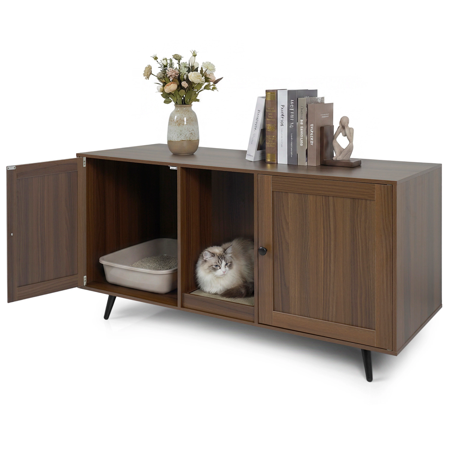 SUGIFT Double Cat Litter Box Enclosure for 2 Cats with Scratching Pad and Double Rooms 110-lb Tabletop Walnut