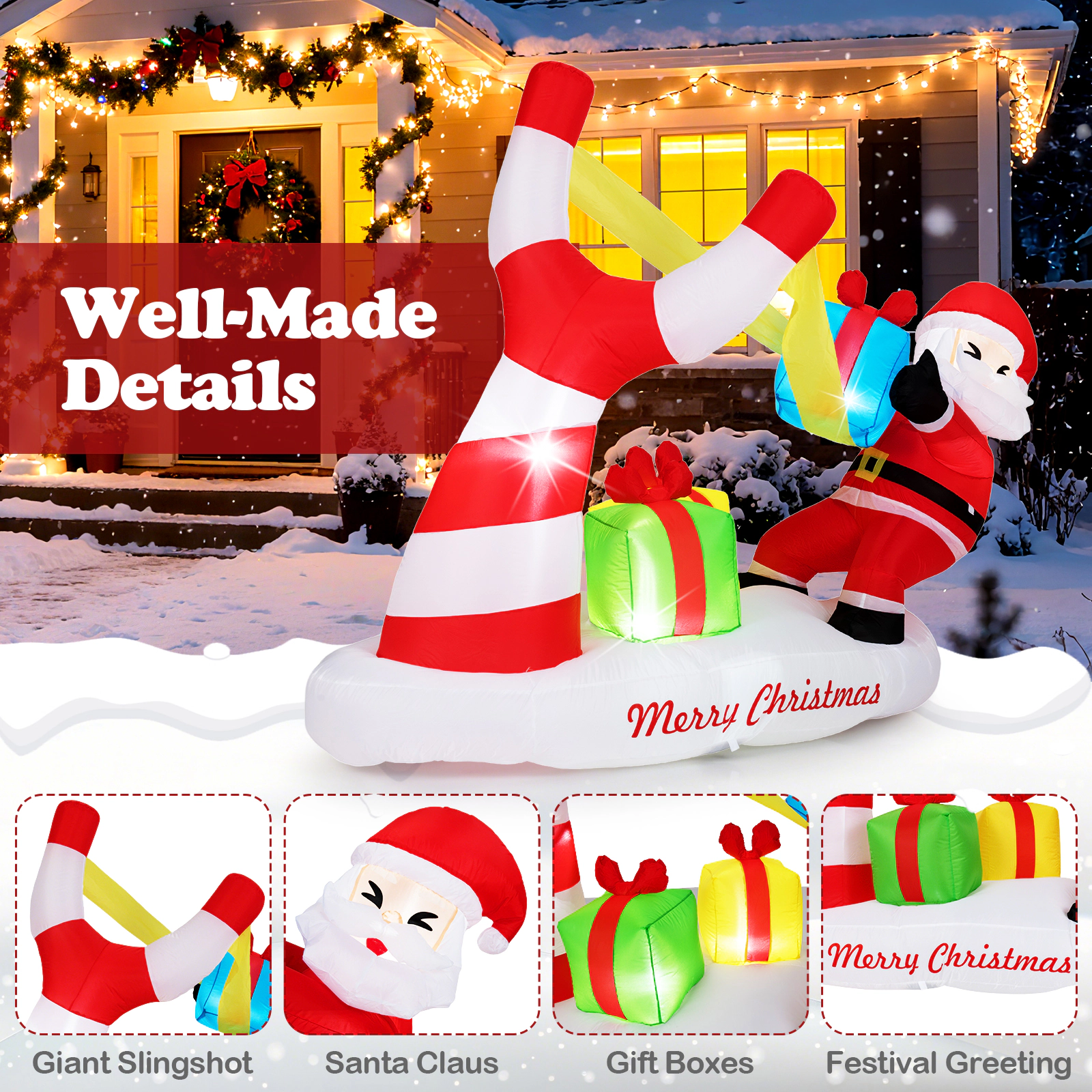 SUGIFT 7-ft Christmas Inflatable Santa with Slingshot Gift Boxes and 5 LED Lights for Blow Up Yard Decor