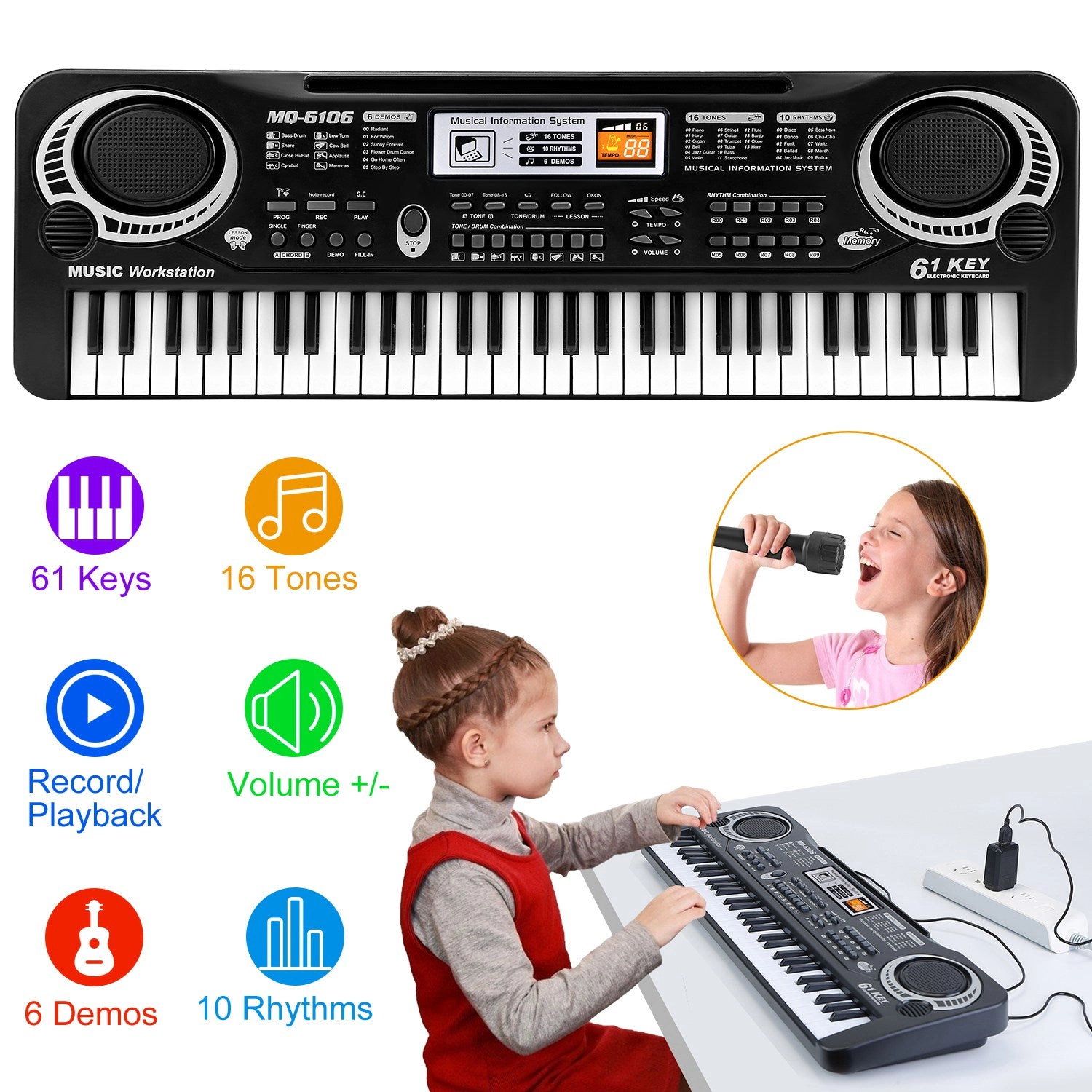 GBruno 61-Key Electronic Keyboard With Microphone