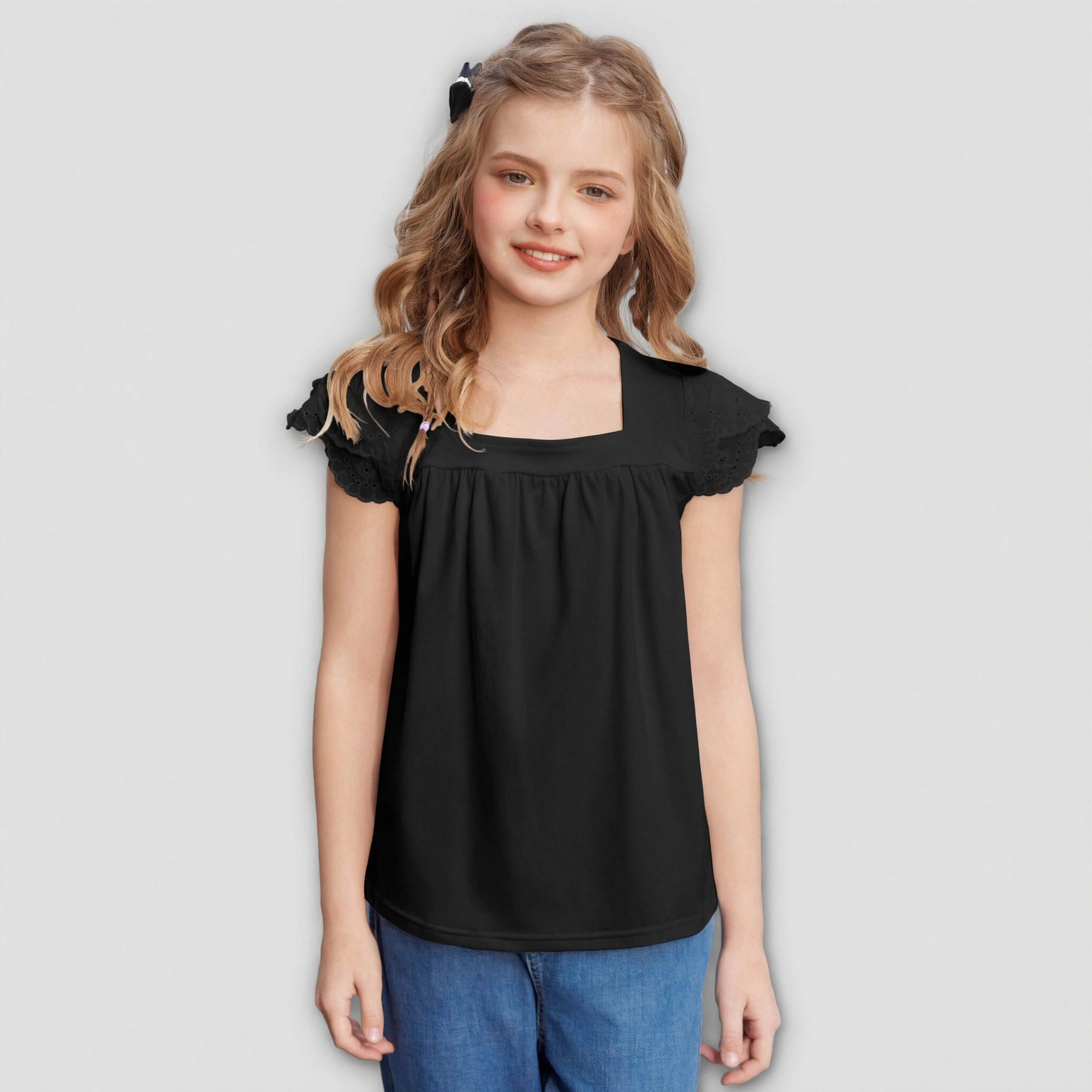Arshiner Girls Shirts Short Sleeve Square Neck Summer Lace Openwork Pleated Tops Blouse Tunic