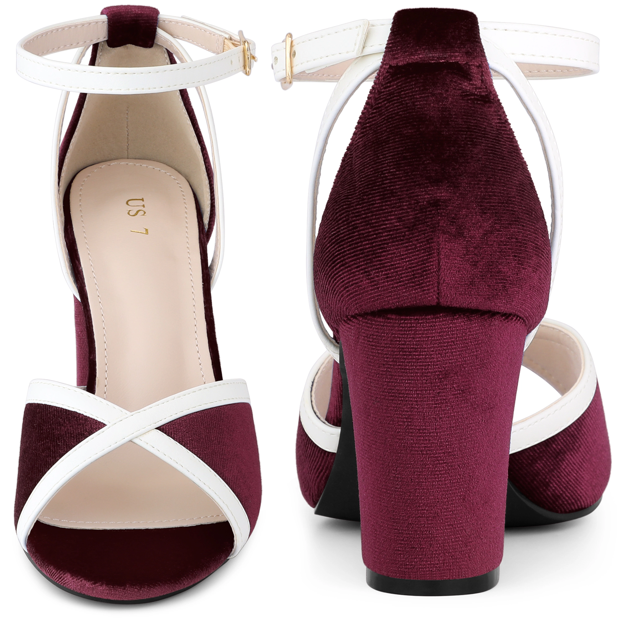 BLISSFUL STEP Women's Ankle Strap Open Toe Chunky Heel Velvet Sandals