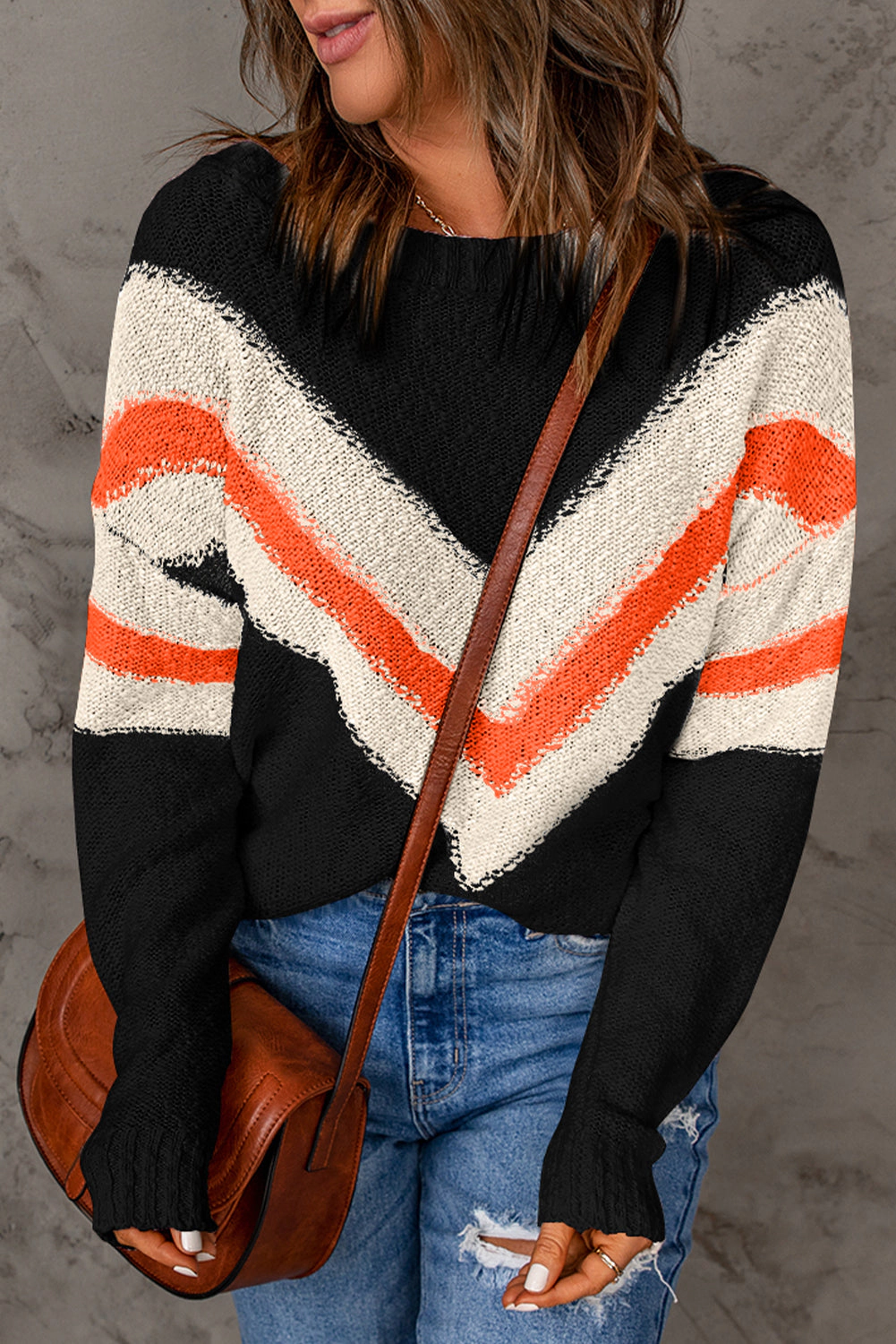 Threaded Pear Haisley Chevron Striped Drop Shoulder Sweater