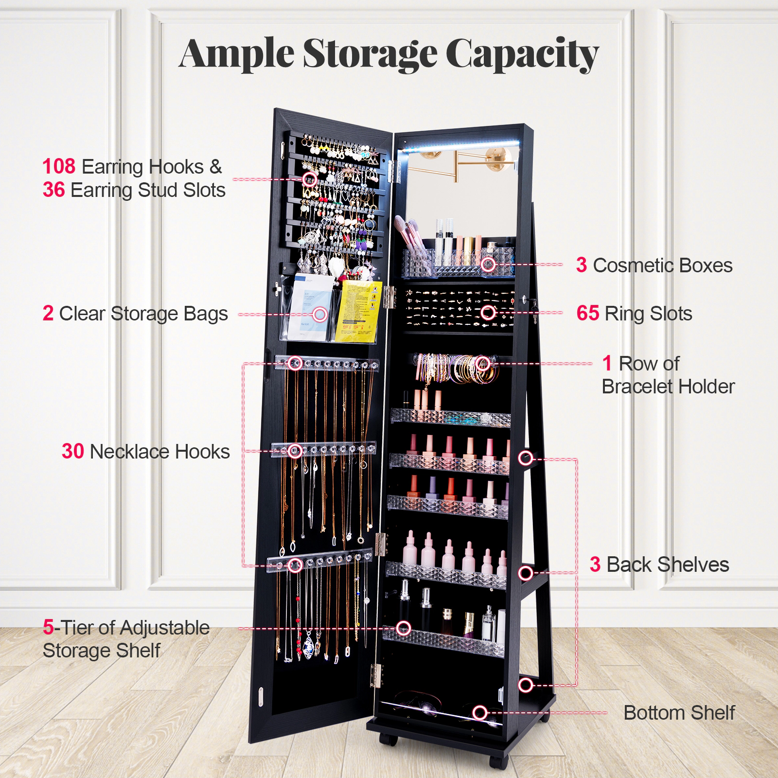 SUGIFT 64 Jewelry Armoire Lockable Cabinet with Built-in Makeup Mirror and Storage Shelves