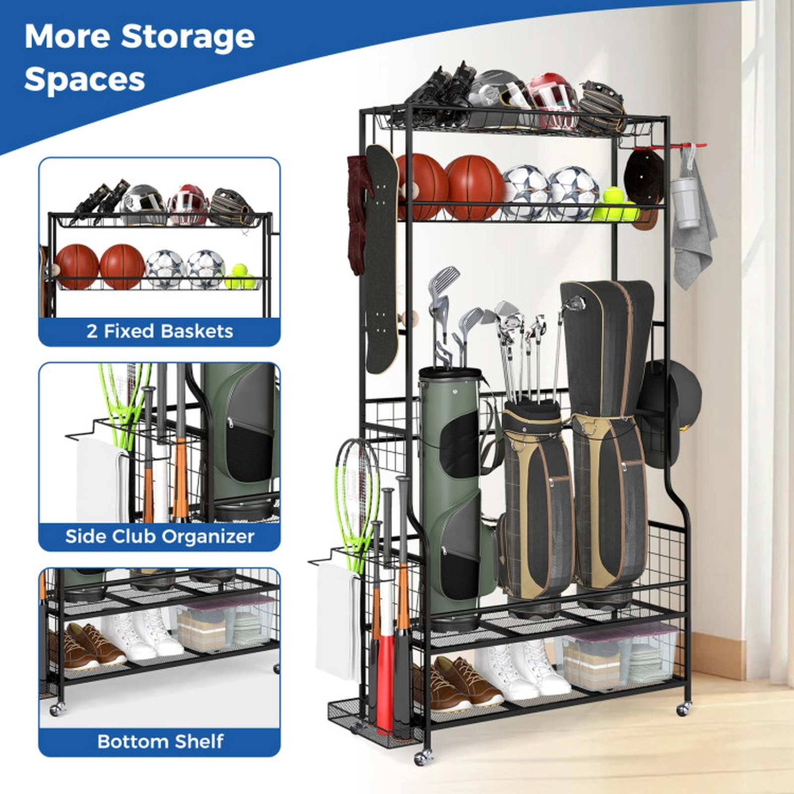 SUGIFT Black Golf Bag Storage Organizer with Club Rack and 2 Baskets 52-in W 16-in D 76-in H 44-lb Per Shelf